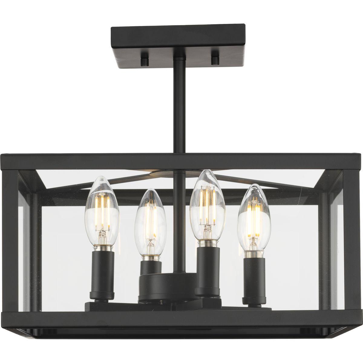 Progress Lighting Hillcrest 4-Light Semi-Flush Mount in Matte Black with Clear Beveled Glass Panels