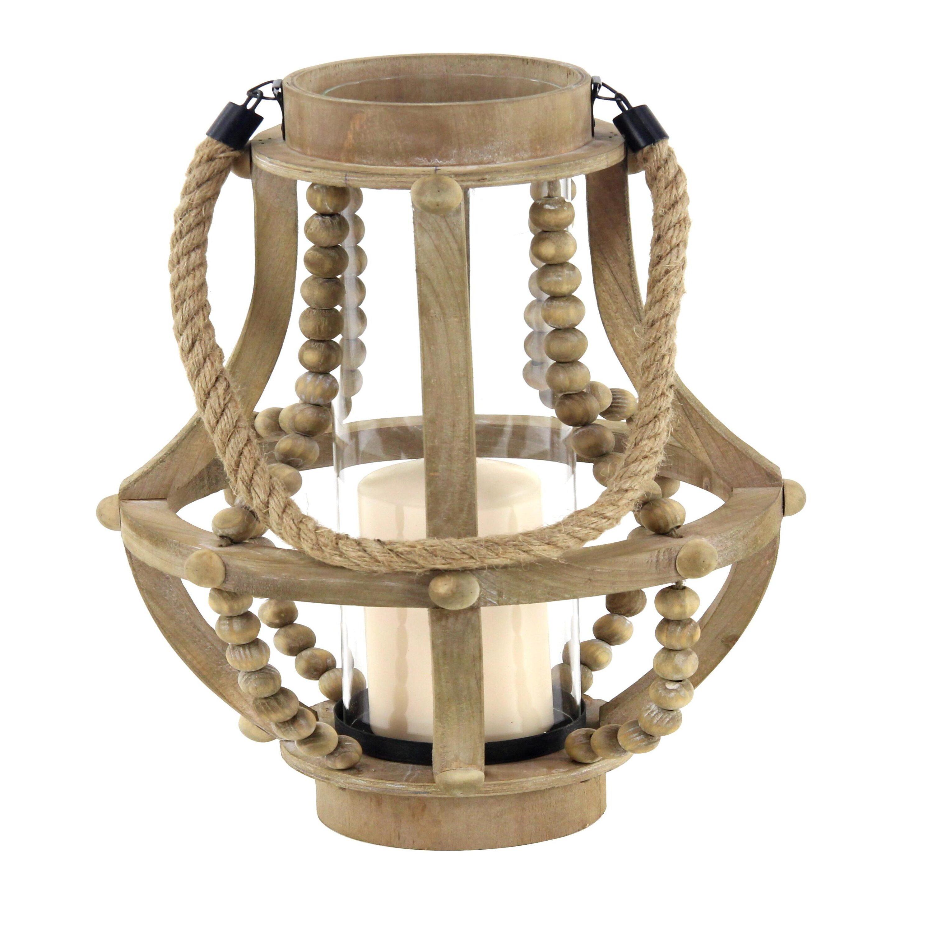 Olivia & May 16" x 10" Rustic Wood/Glass Candle Holder with Rope Handle Beige : Wooden Lantern, Tall Pillar Style