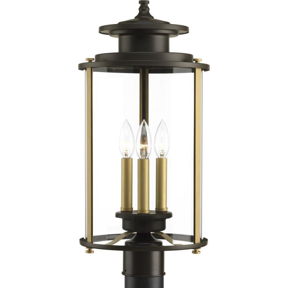 Progress Lighting, Squire Collection, 3-Light Post Lantern, Antique Bronze, Clear Glass Shade