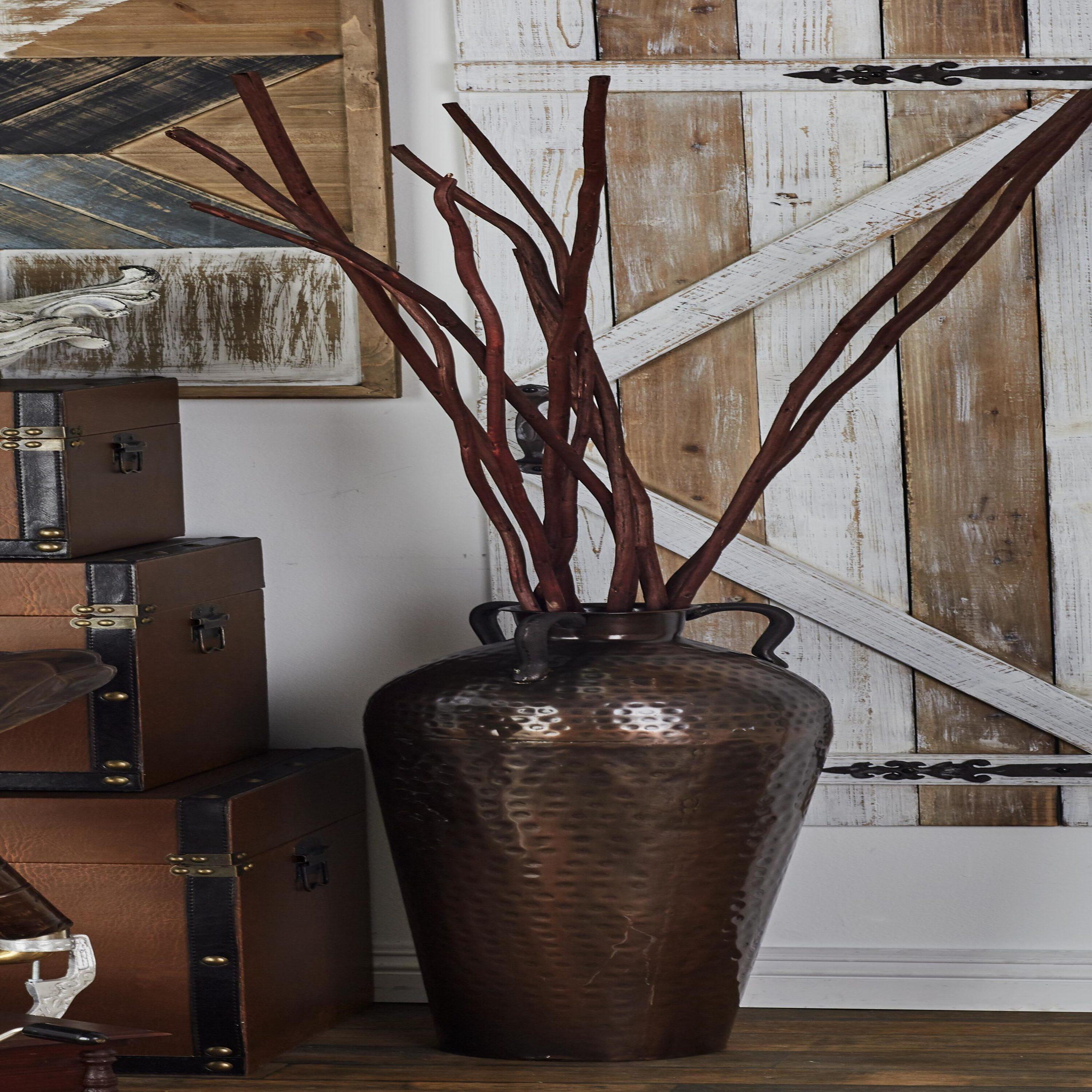 DecMode 28" Tall Floor Mediterranean Style Brown Metal Vase with Hammered Details and Handles