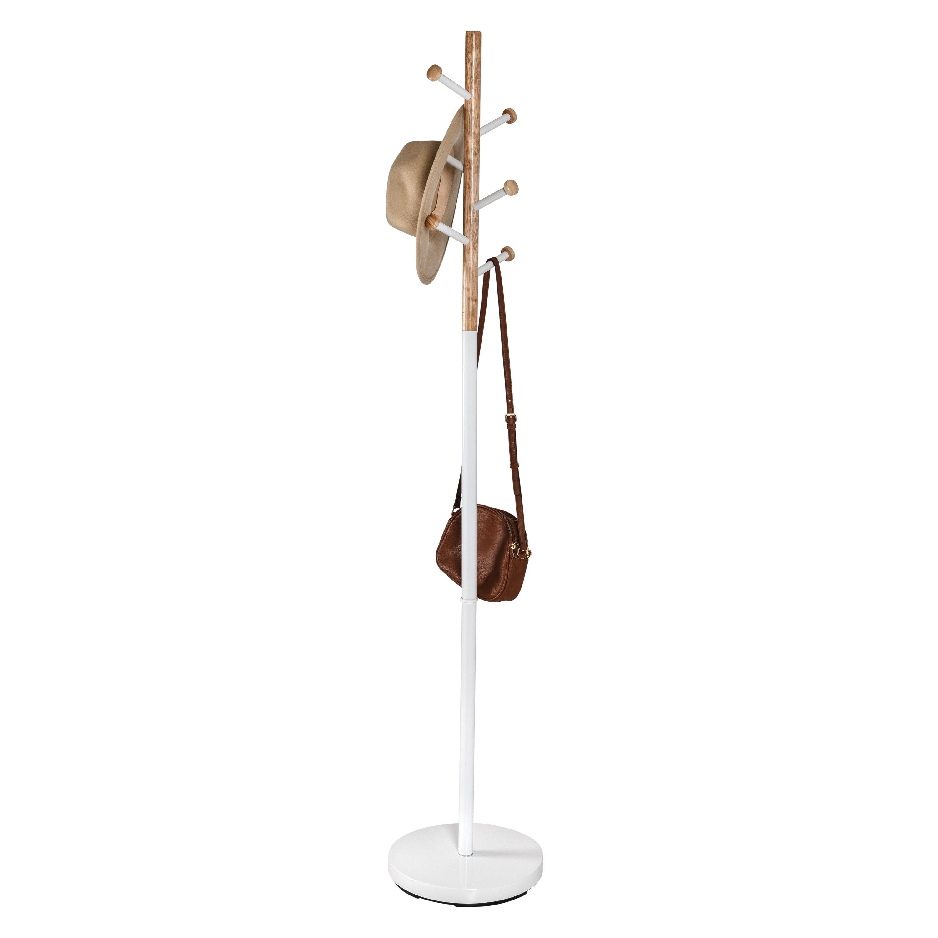 Honey-Can-Do Freestanding Steel Coat Rack with 6 Wood Hooks, White/Natural