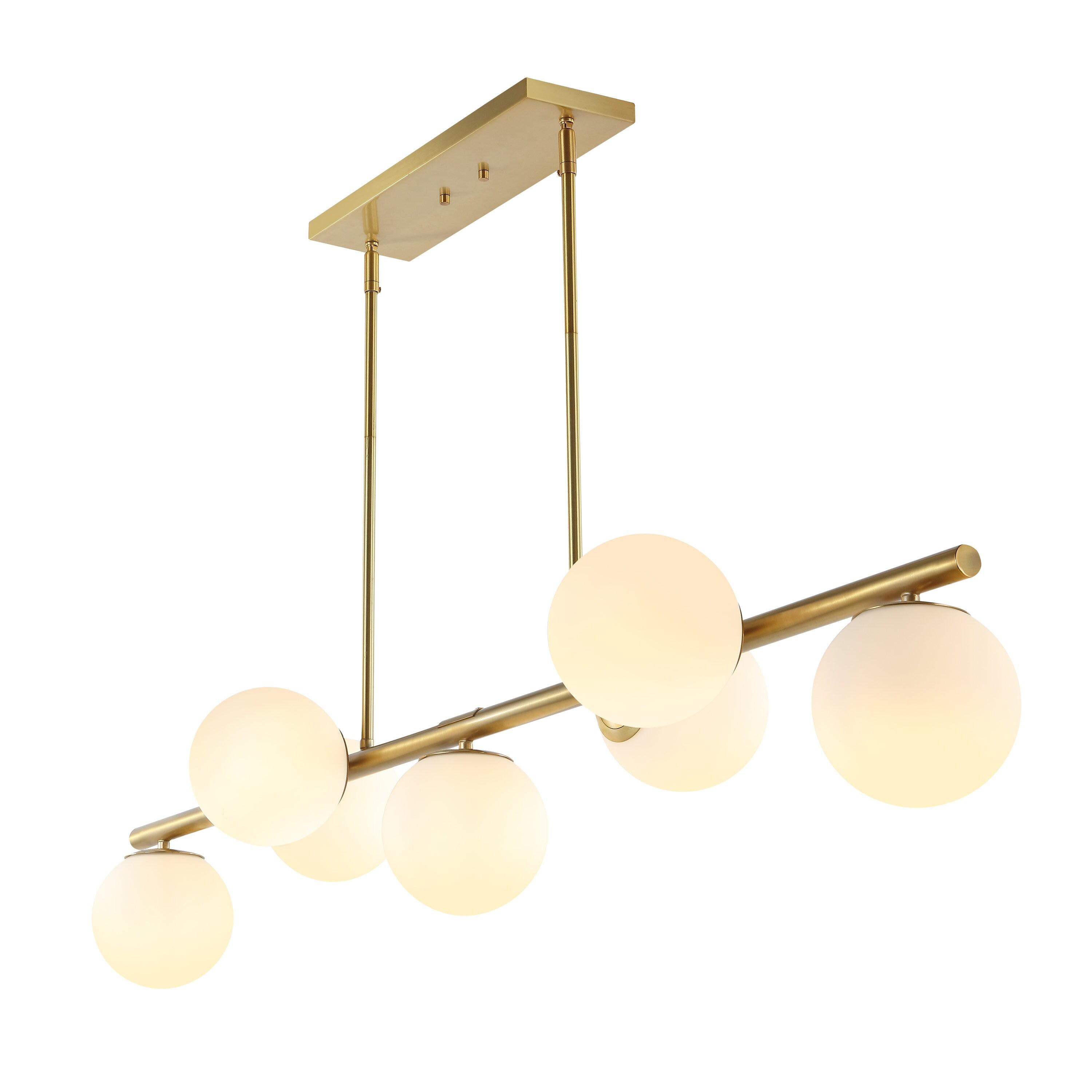 JONATHAN Y JYL7573A Luca Parisian 53" 7-Light Modern Glam Iron Globe Linear LED Pendant Transitional Farmhouse Adjustable Dining Room Living Room Kitchen Island Foyer Bedroom Hallway, Brass Gold/White