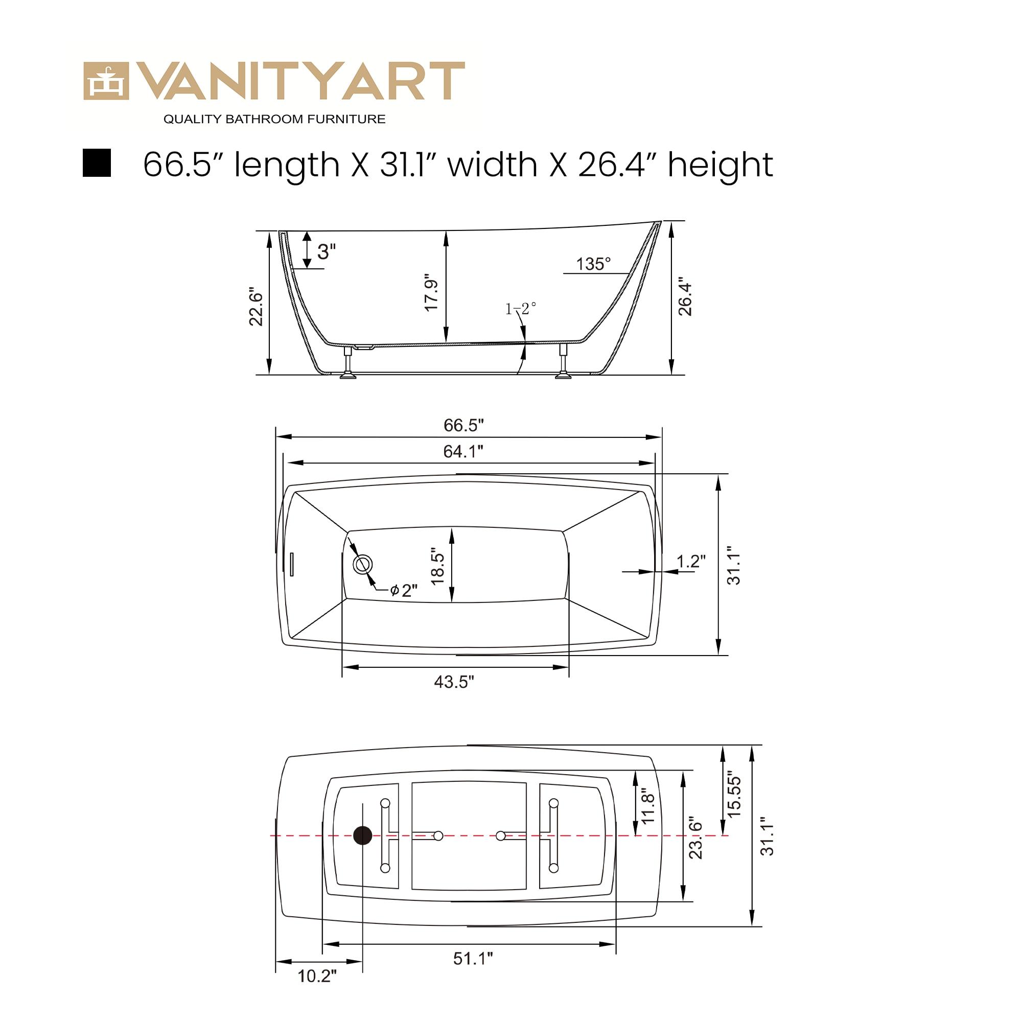 Vanity Art 67" X 31" Acrylic Freestanding Bathtub
