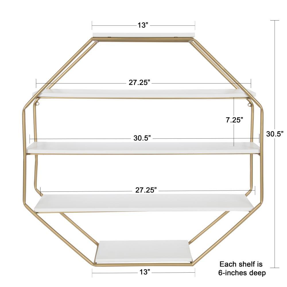 Kate and Laurel Lintz Large Modern Octagon Floating Wall Shelves with Metal Frame, Gold and White