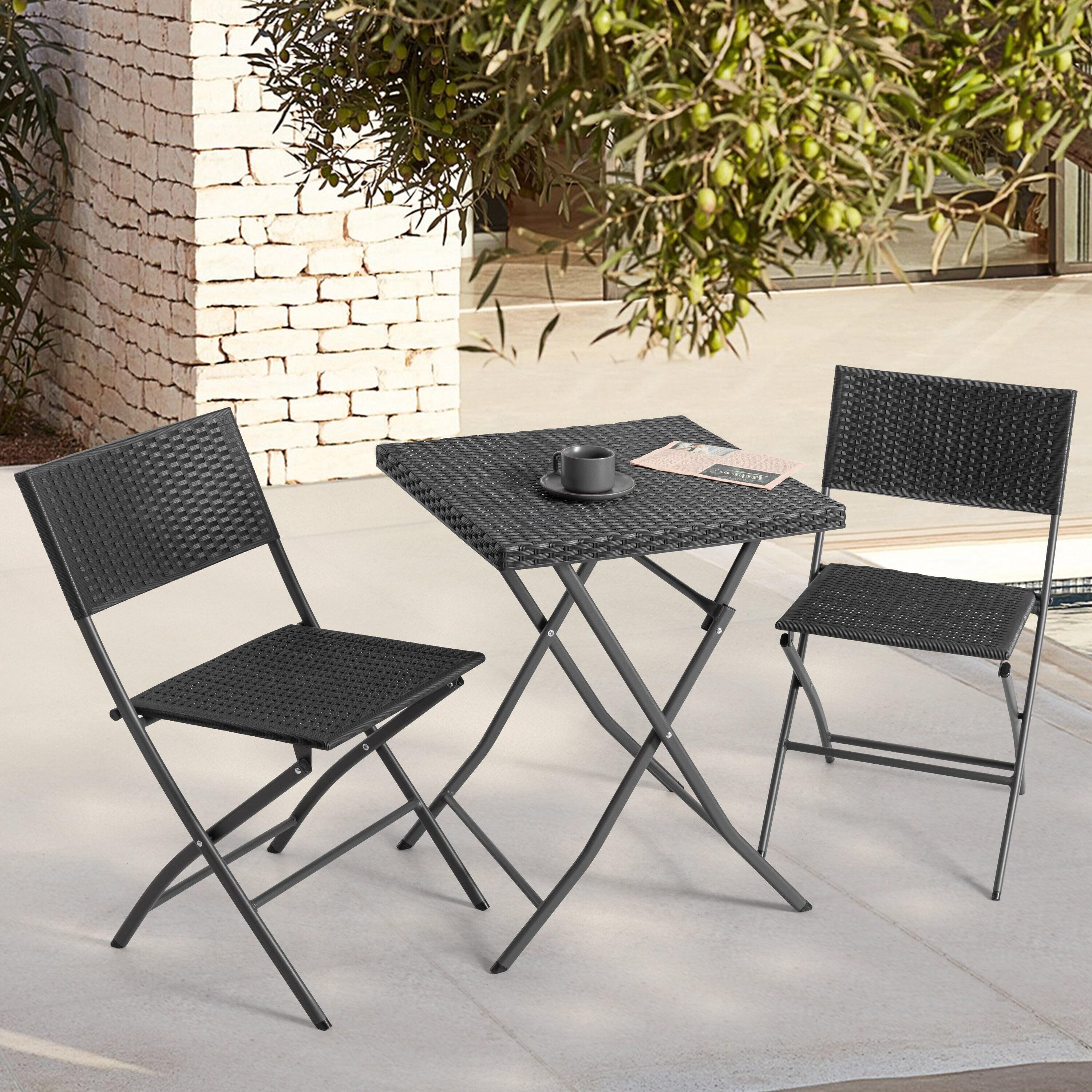 Nuu Garden 3 -Piece Black Rattan Bistro Patio Dining Set Iron Square Table with 2 Stationary Chairs