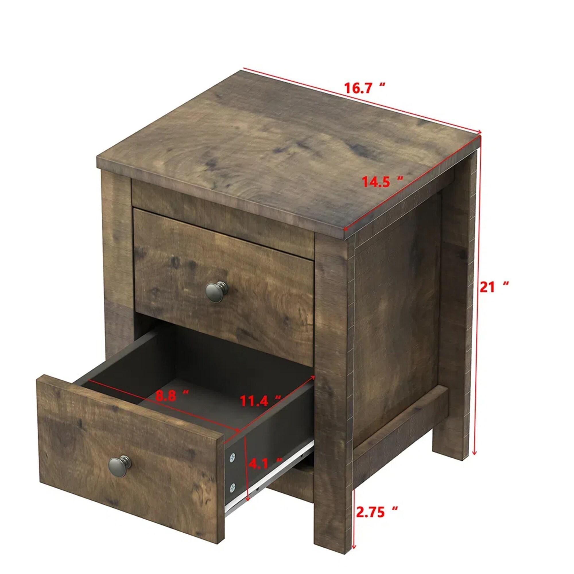 Rustic Walnut Wood Nightstand Set with Two Drawers