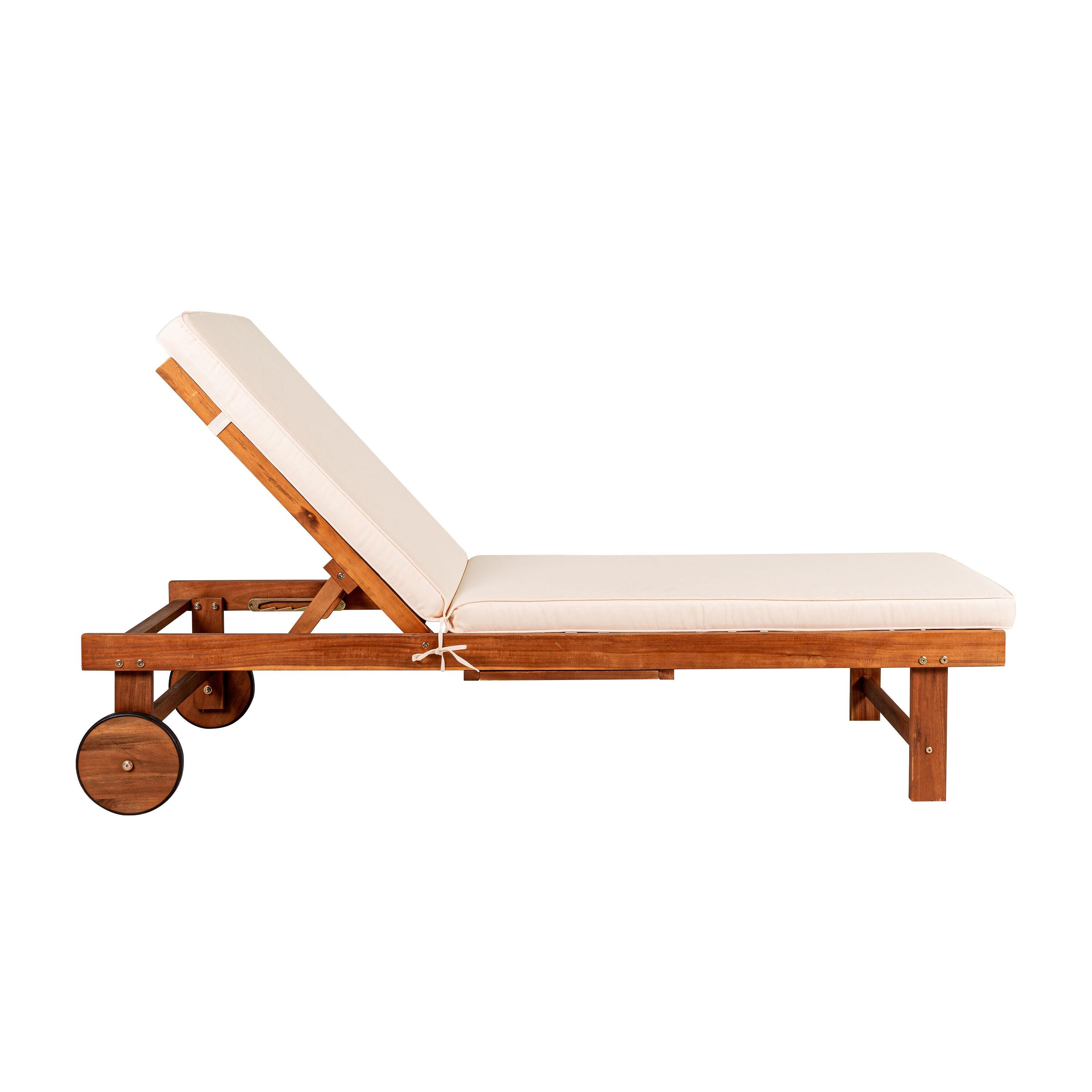 Seabrook 69 x 24 Inch Outdoor Acacia Wood Lounger with Cushion, 5-Position Back, Slide Table & Wheels, Light Brown -JONATHAN Y