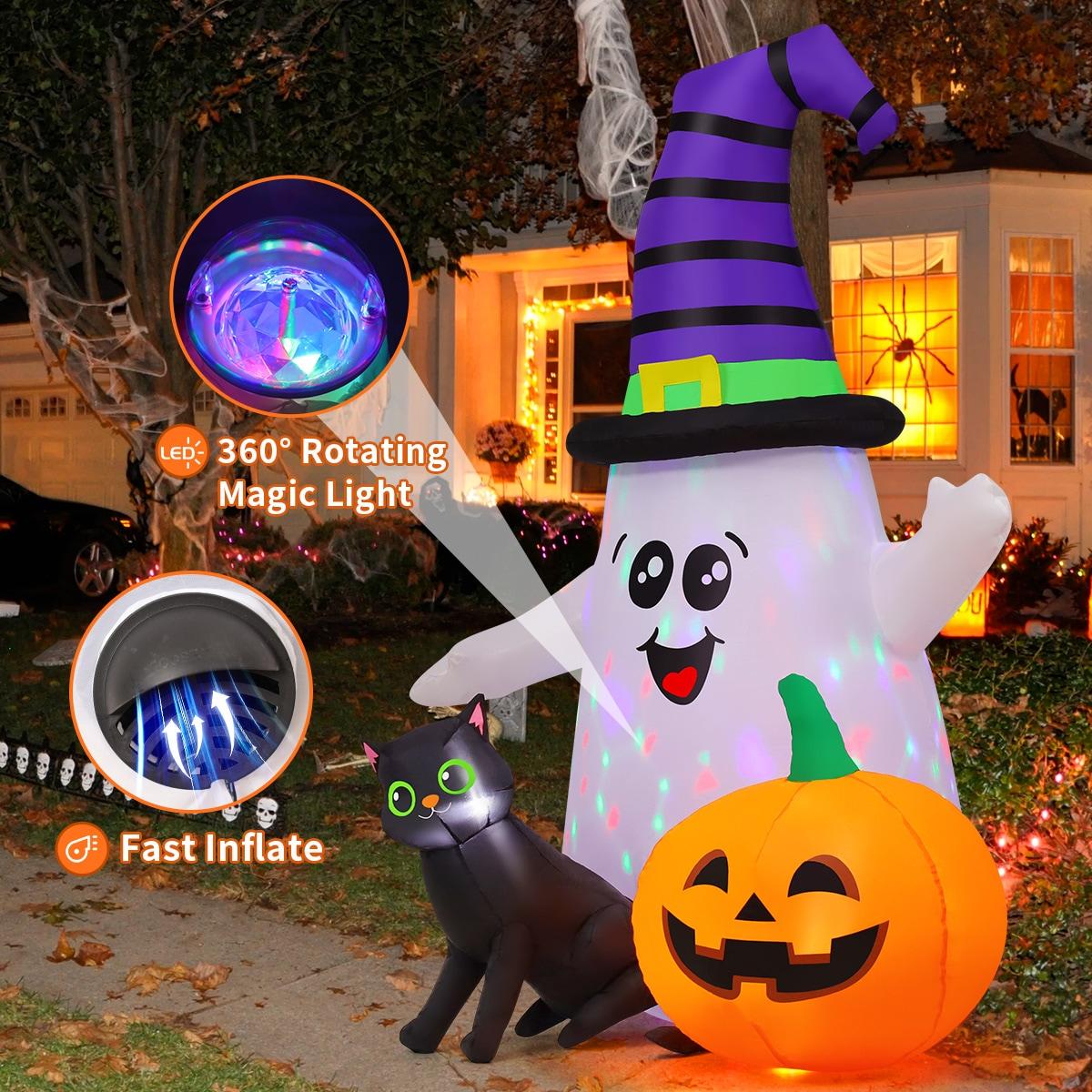 5 FT Halloween Inflatables Ghost Outdoor Decorations Blow Up Yard Cute Wizard Ghost With Pumpkin Black Cat With Built-In Leds For Garden Lawn Indoor Party Decor