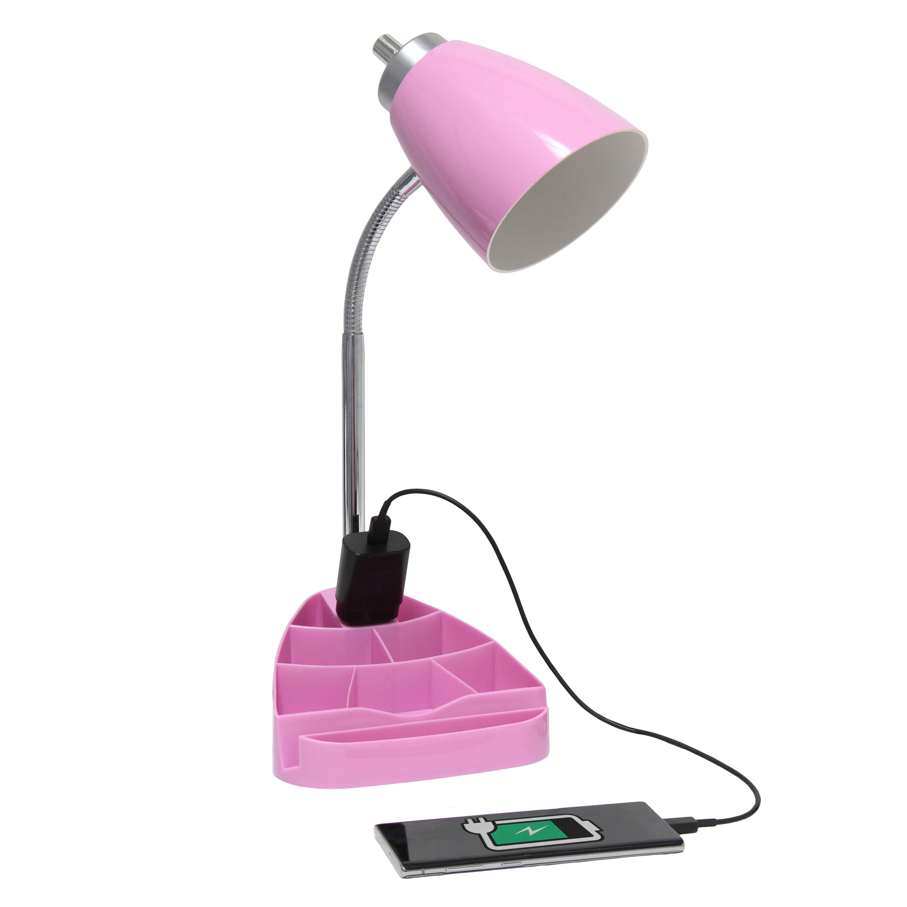 Creekwood Home Sleek Essentials 18.5" Flexible Desk Lamp with Charging Outlet and Storage Pink