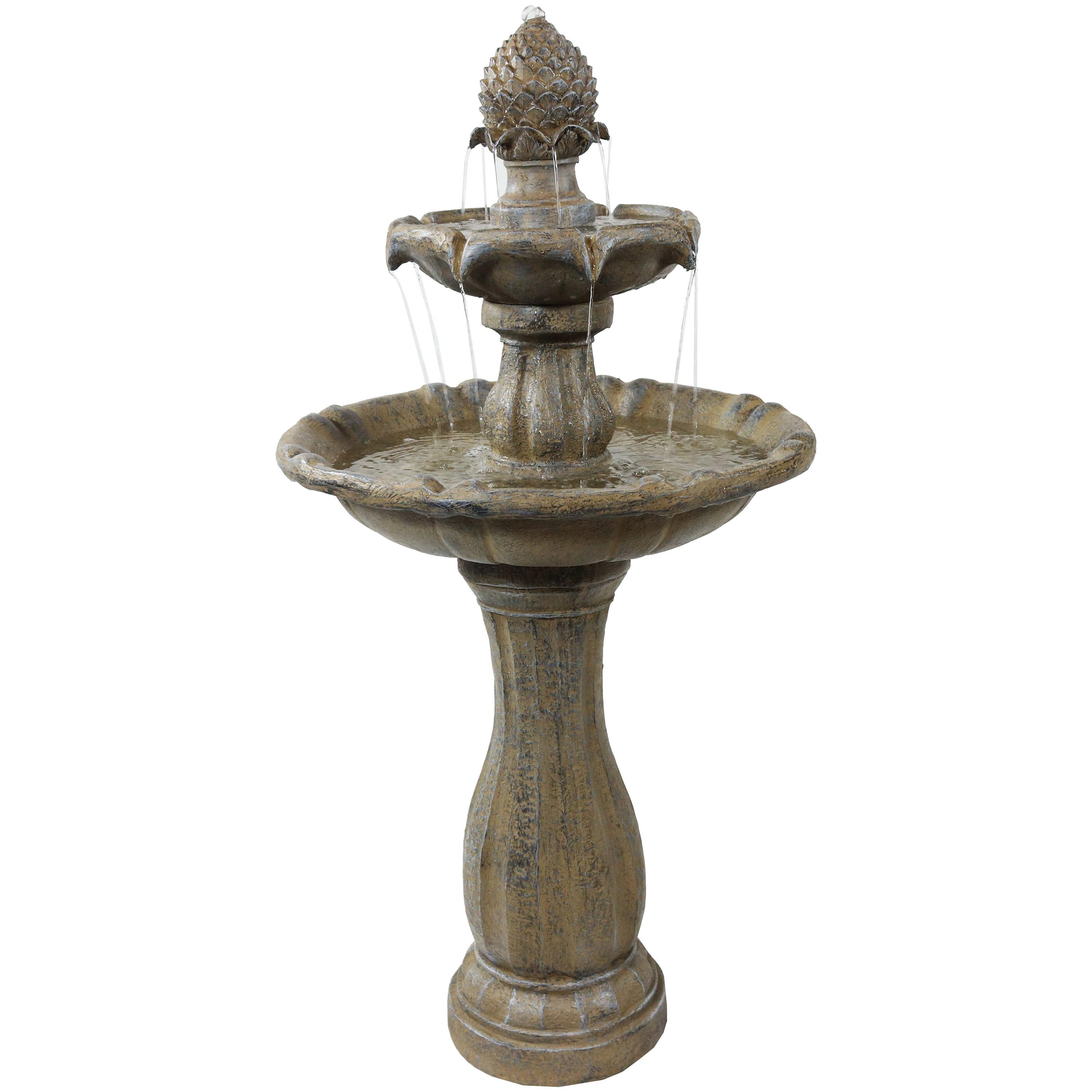Sunnydaze Outdoor 2-Tier Pineapple Solar Powered Water Fountain with Battery Backup and Submersible Pump - 46" - Earth Finish