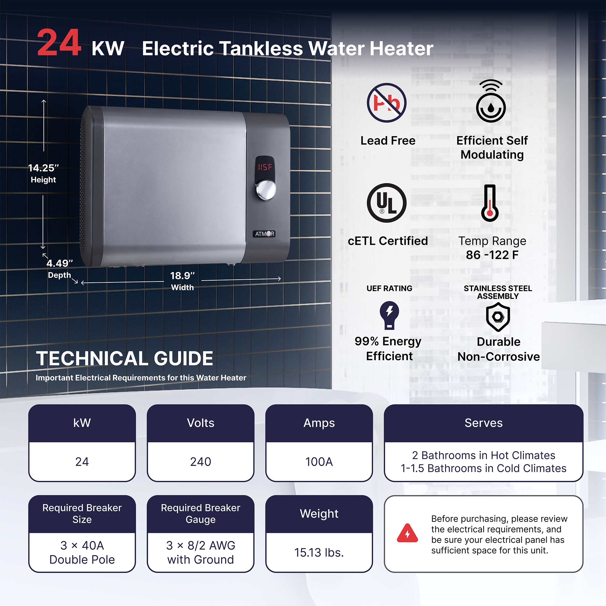 Atmor 24kW 4.65 GPM Electric Tankless Water Heater, ideal for 2 bedroom home, up to 5 simultaneous applications