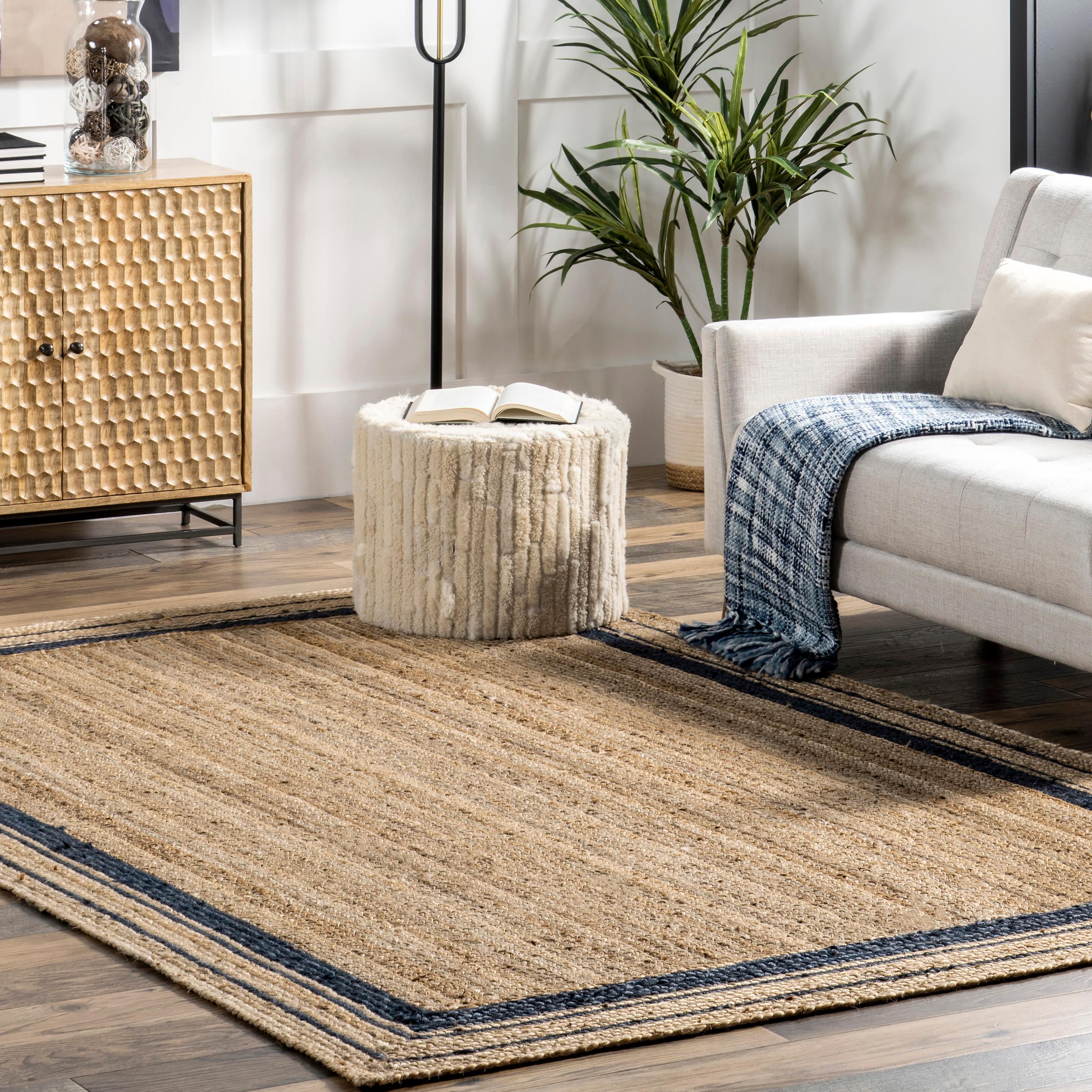 Nuloom Rikki Bordered 4x6 Jute Indoor Area Rug for Dining Room Rug Neutral Rug Living Room Rug Kitchen, Navy/Natural