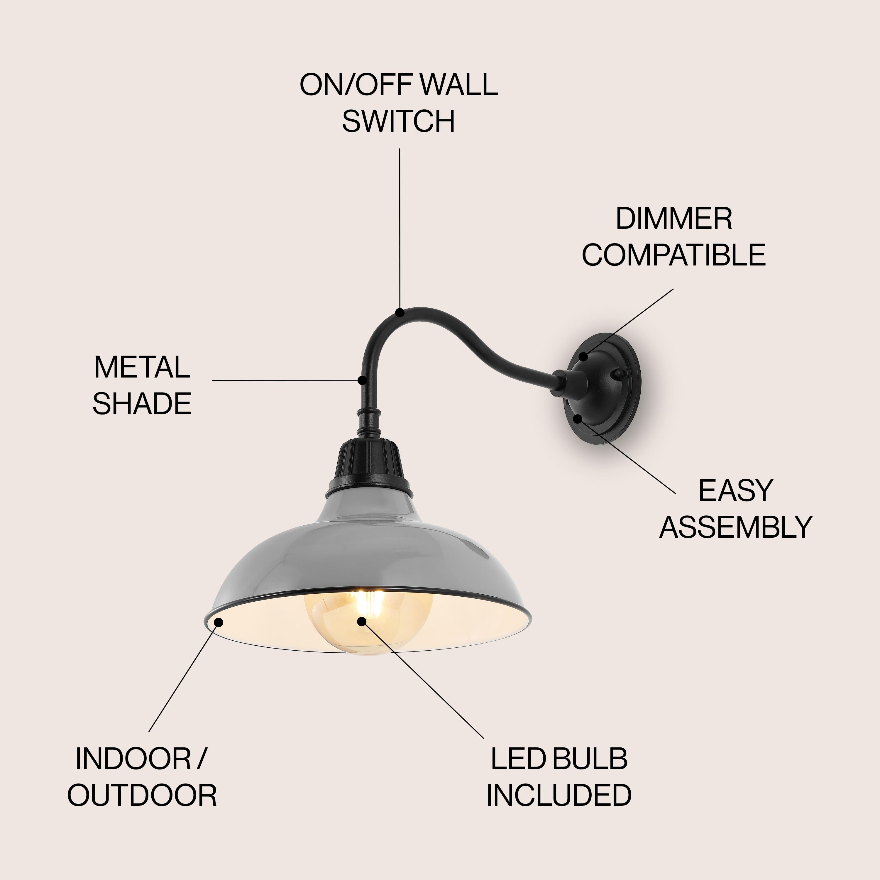 Aurora 12.25" 1-Light Farmhouse Industrial Indoor/Outdoor Iron LED Gooseneck Arm Outdoor Sconce, Gray