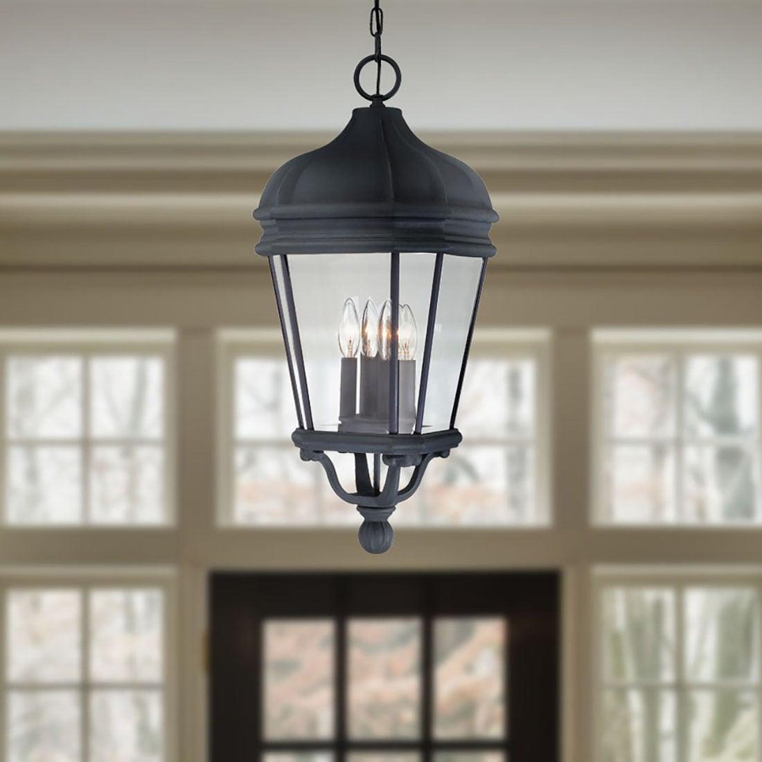 Minka Lavery Rustic Outdoor Hanging Light Fixture Black Damp Rated 28 3/4" Clear Beveled Glass for Post Exterior Porch Yard Patio