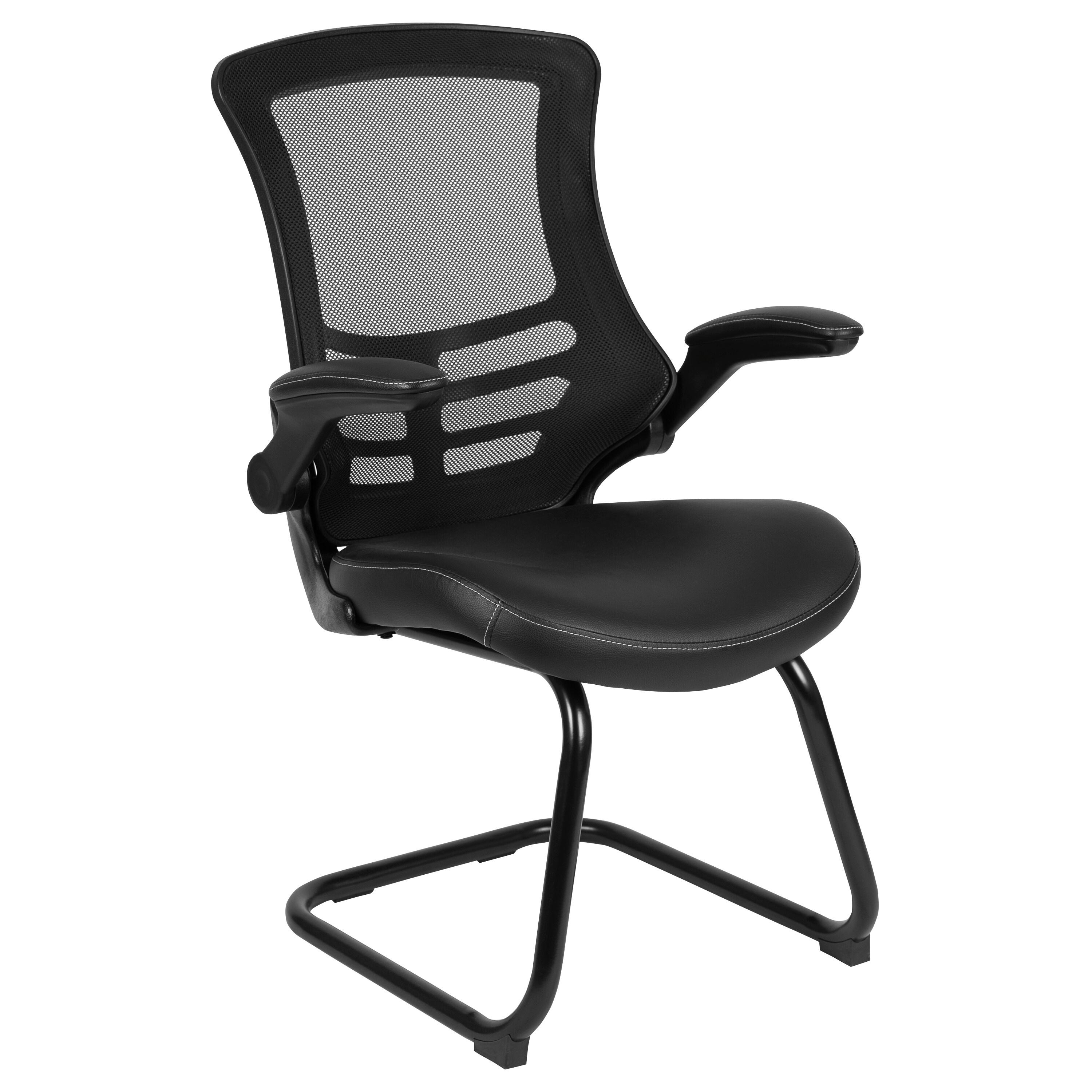 Flash Furniture Kelista Black Mesh Sled Base Side Reception Chair with White Stitched LeatherSoft Seat and Flip-Up Arms