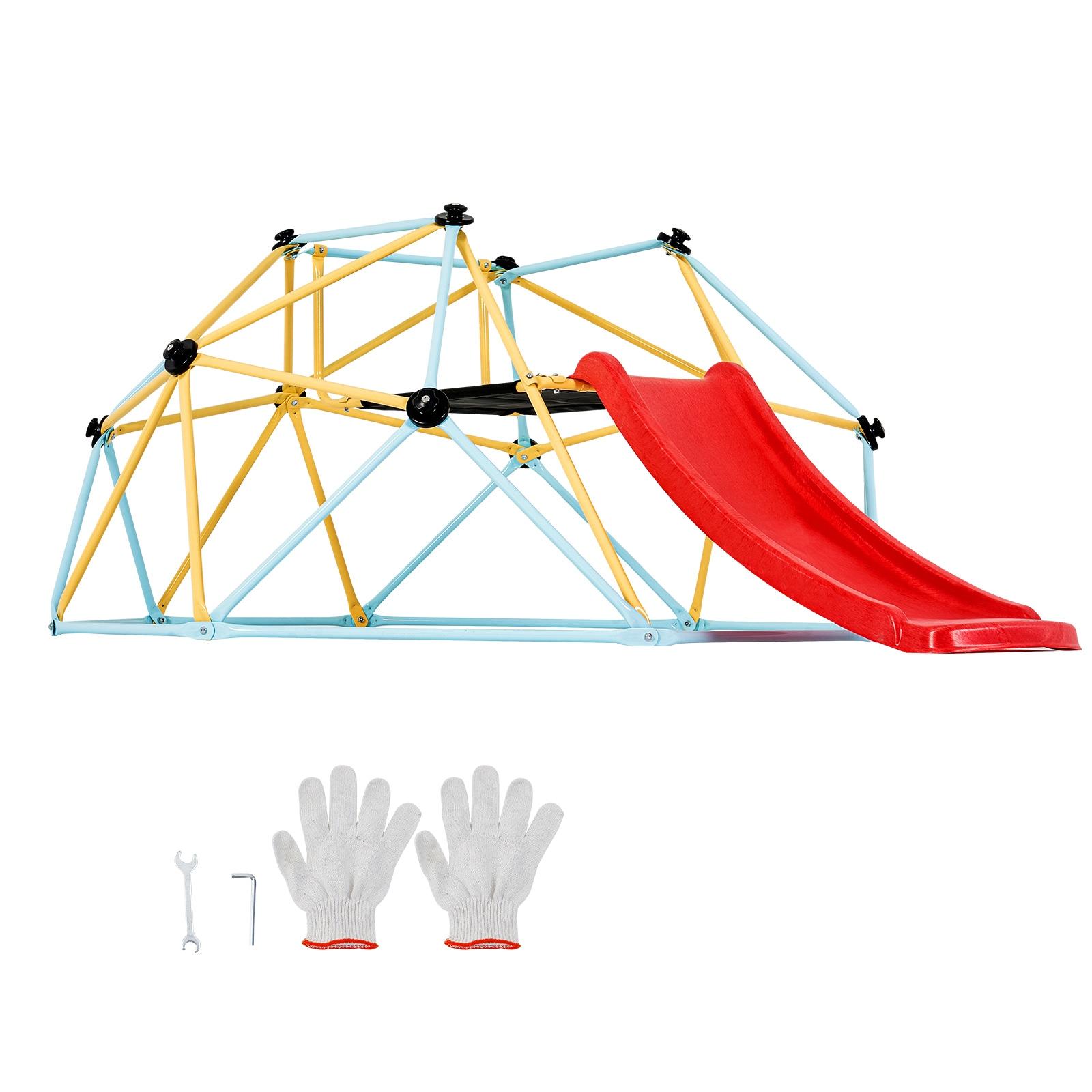 8FT Geometric Dome Climber with Red Slide and Steel Frame