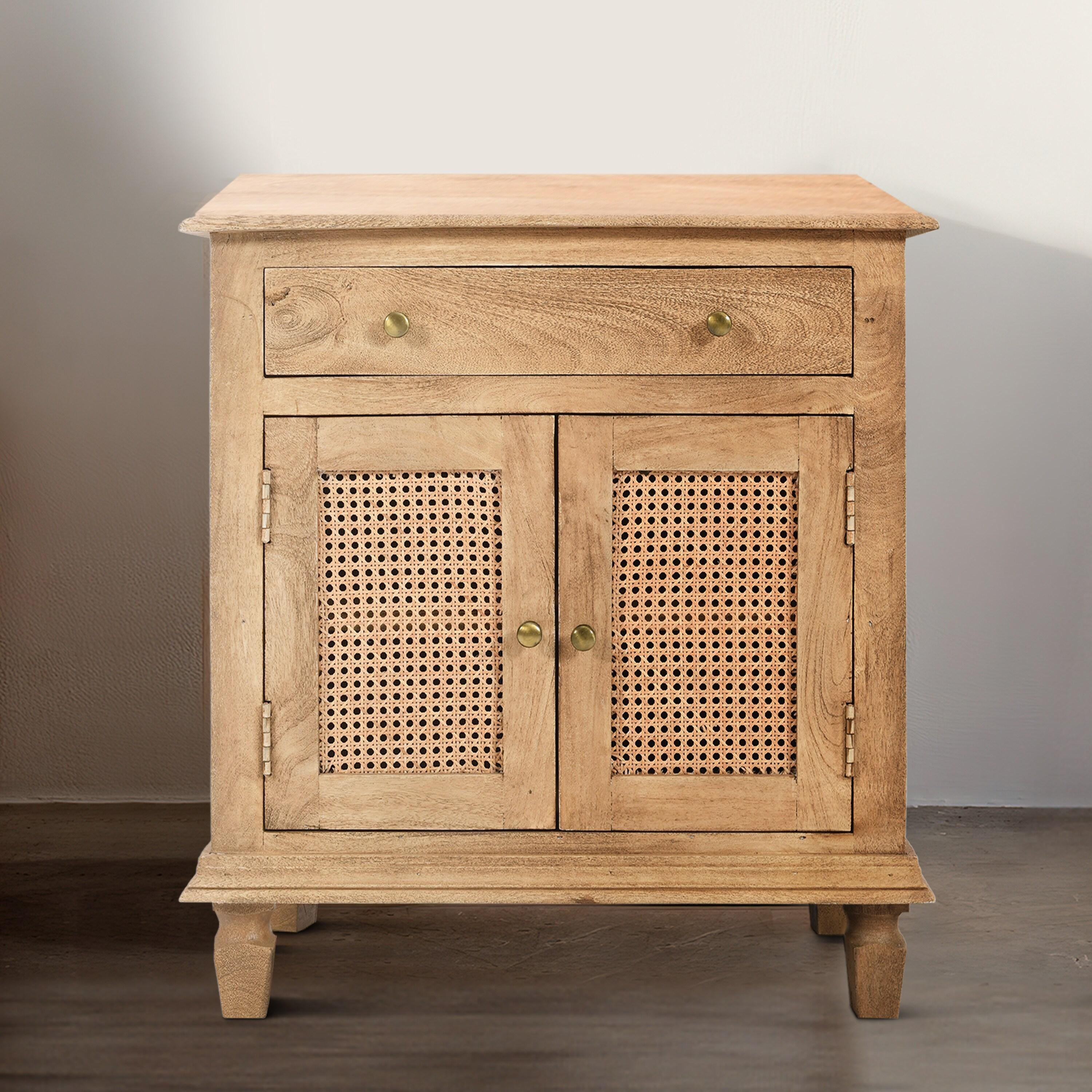 The Urban Port 30" Nightstand Table Rattan Cabinet Doors and Drawer Fronts Sandblasted Brown Mango Wood Brown
