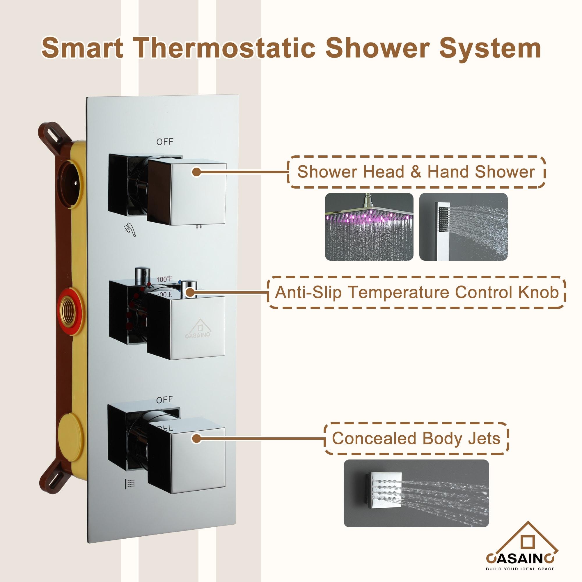 3-Function Luxury Ceiling Mount 12 Inch LED Thermostatic Shower System with 6 Body Jets