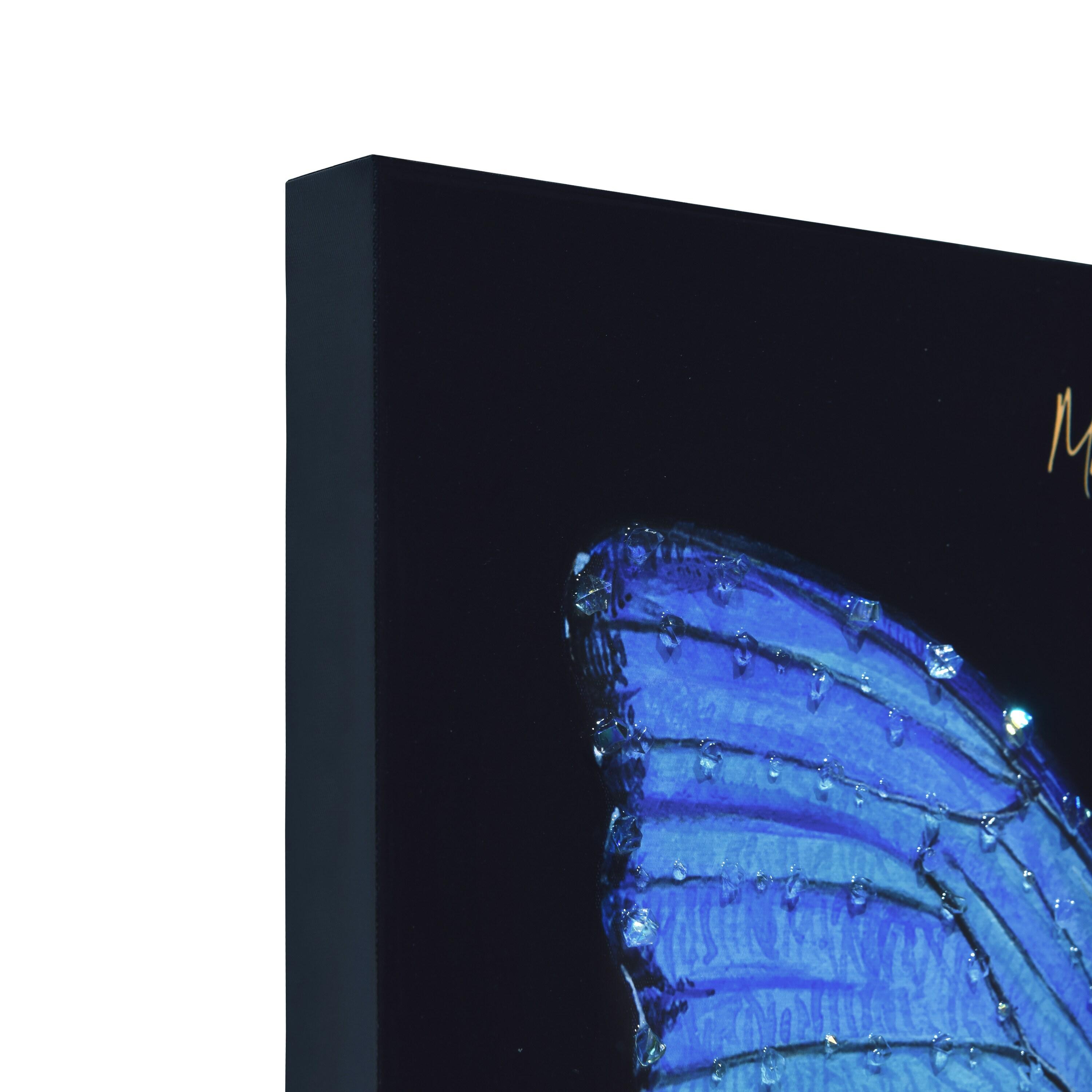 "Blue Monarch Elegance" Crystallus Epoxy Coated Wrapped Glossy Butterfly Canvas Wall Art with Heavy Acrylic Crystal Shards Embellishments