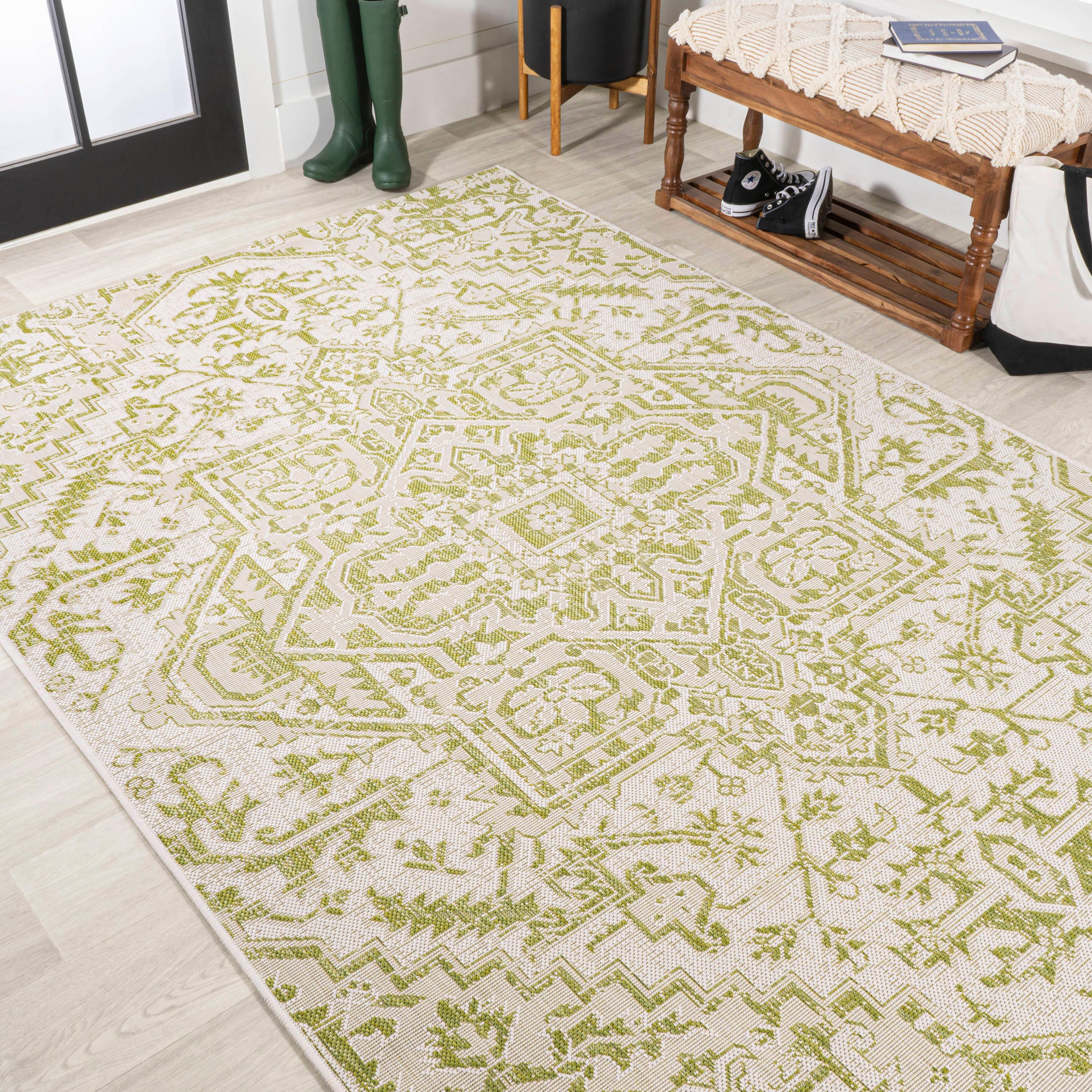 3' x 5' Estrella Bohemian Styled Medallion Textured Weave Indoor/Outdoor Area Rug, Cream/Green - JONATHAN Y