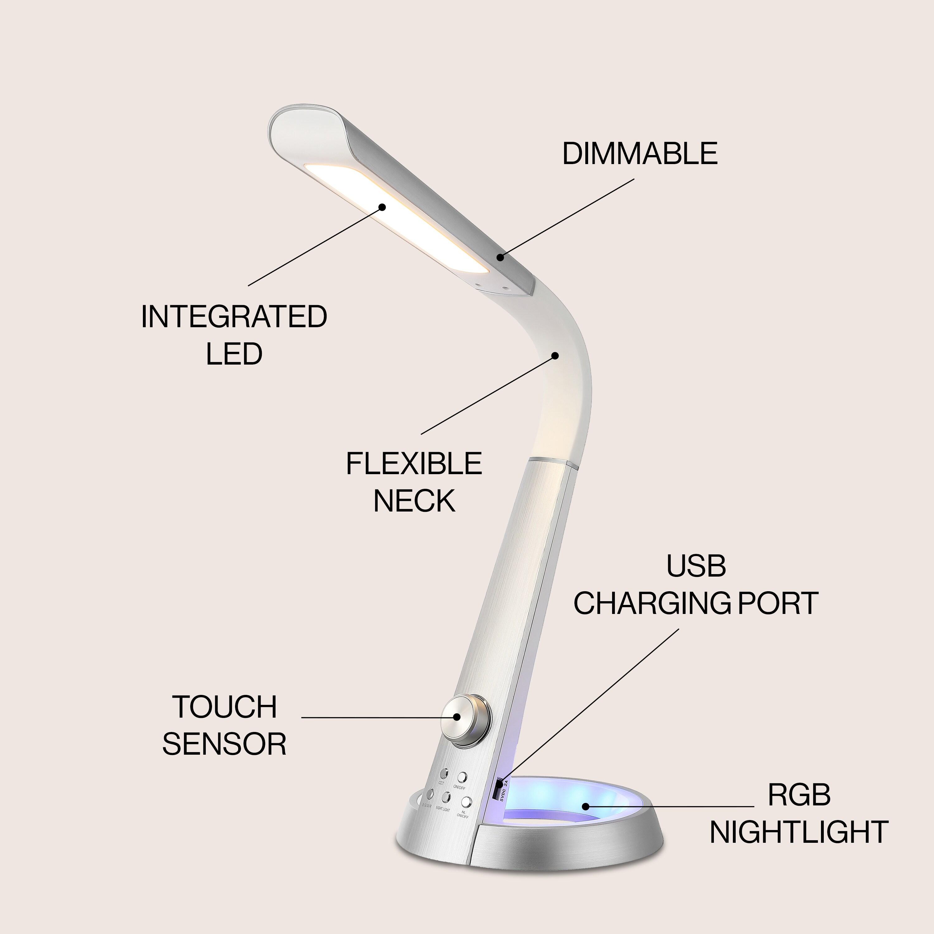 19" Milton Aluminum Contemporary Minimalist Task Lamp (Includes LED Light Bulb) Silver - JONATHAN Y: Modern Metal, Touch Sensor, ETL Listed