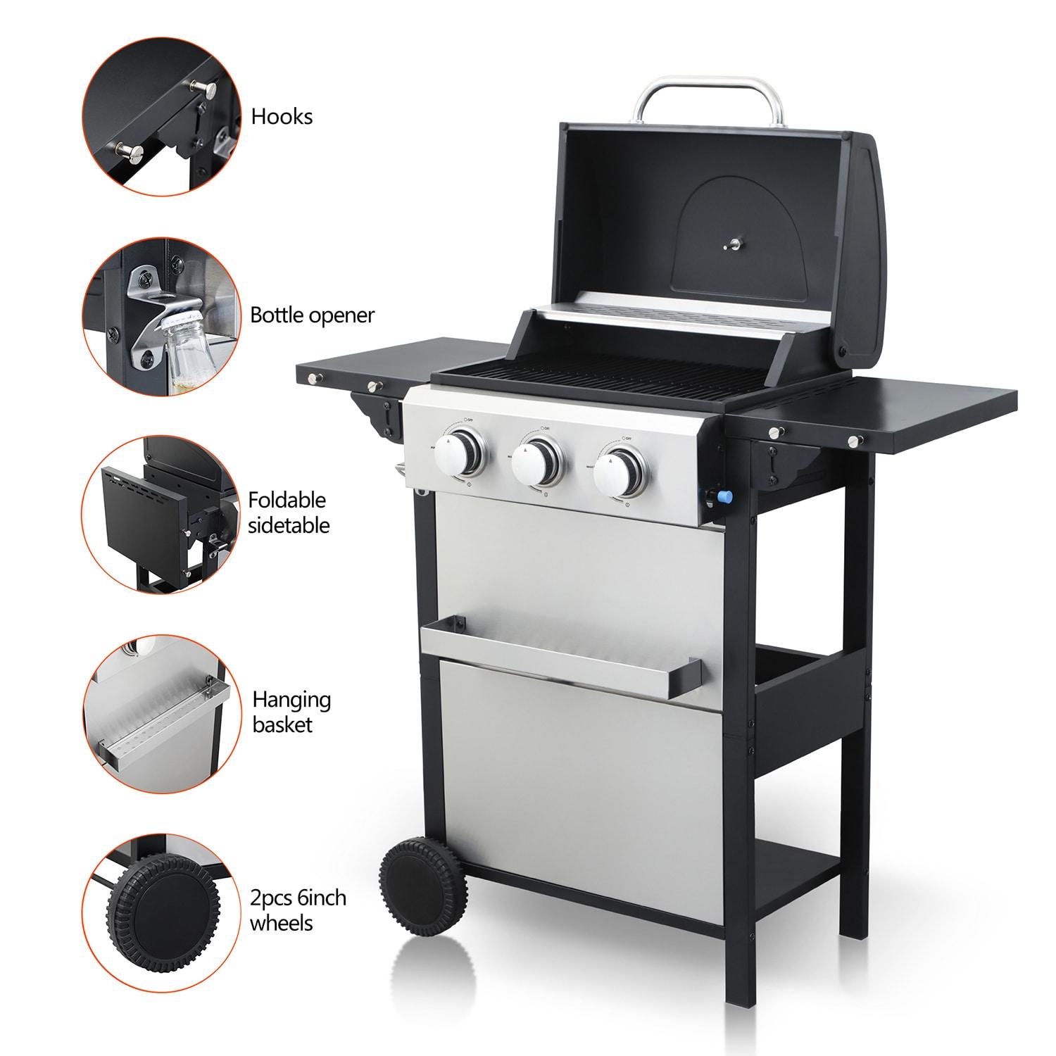 3-Burner Propane Gas Grill, 25,650 BTU Stainless BBQ For Patio Garden |Outdoor Grill with Two Side Shelves, Wheels and Bottle Opener