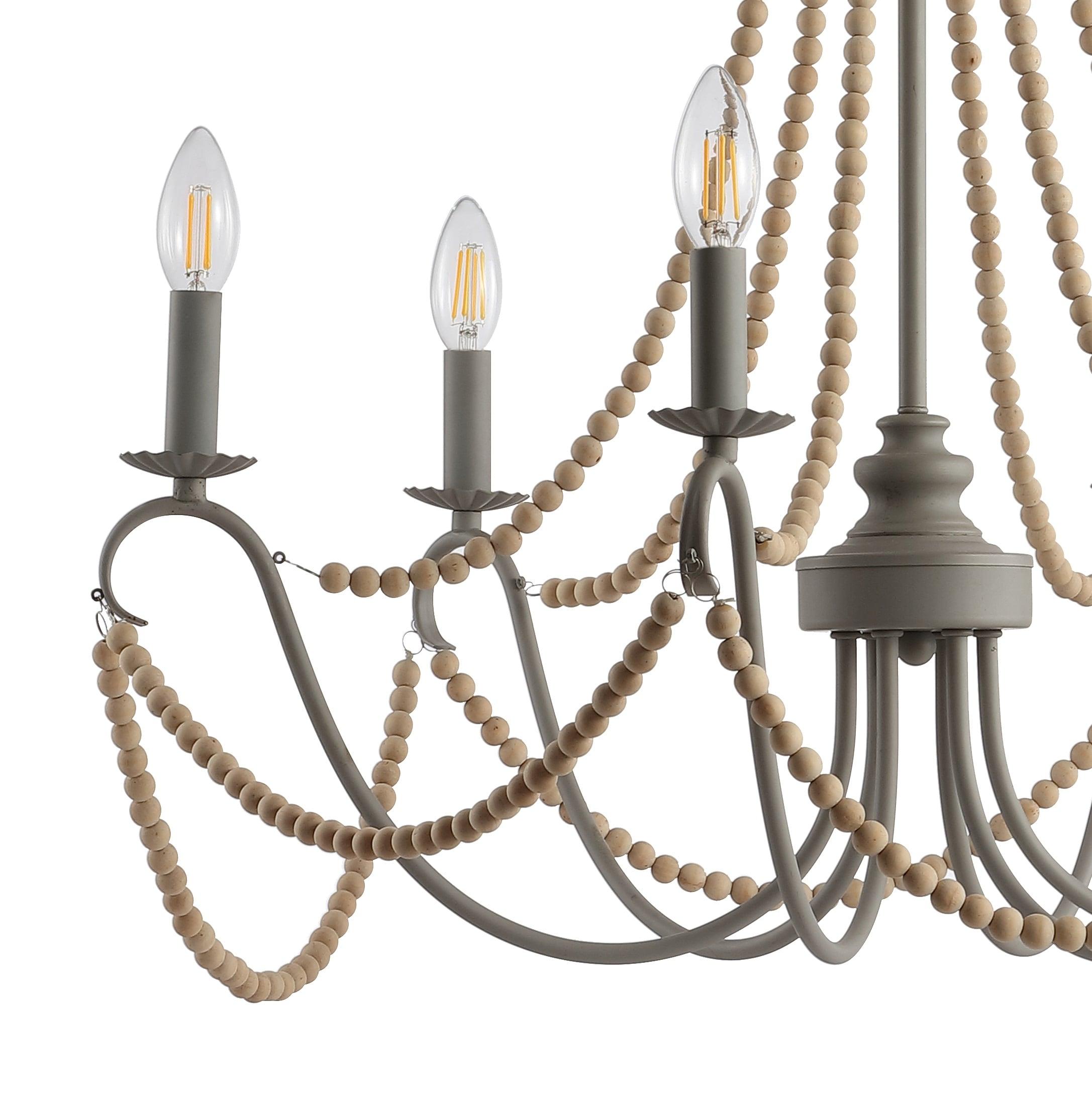 Rustica 6-Light 27" Adjustable Greige Metal/Wood Bead LED Chandelier, Grey/Natural