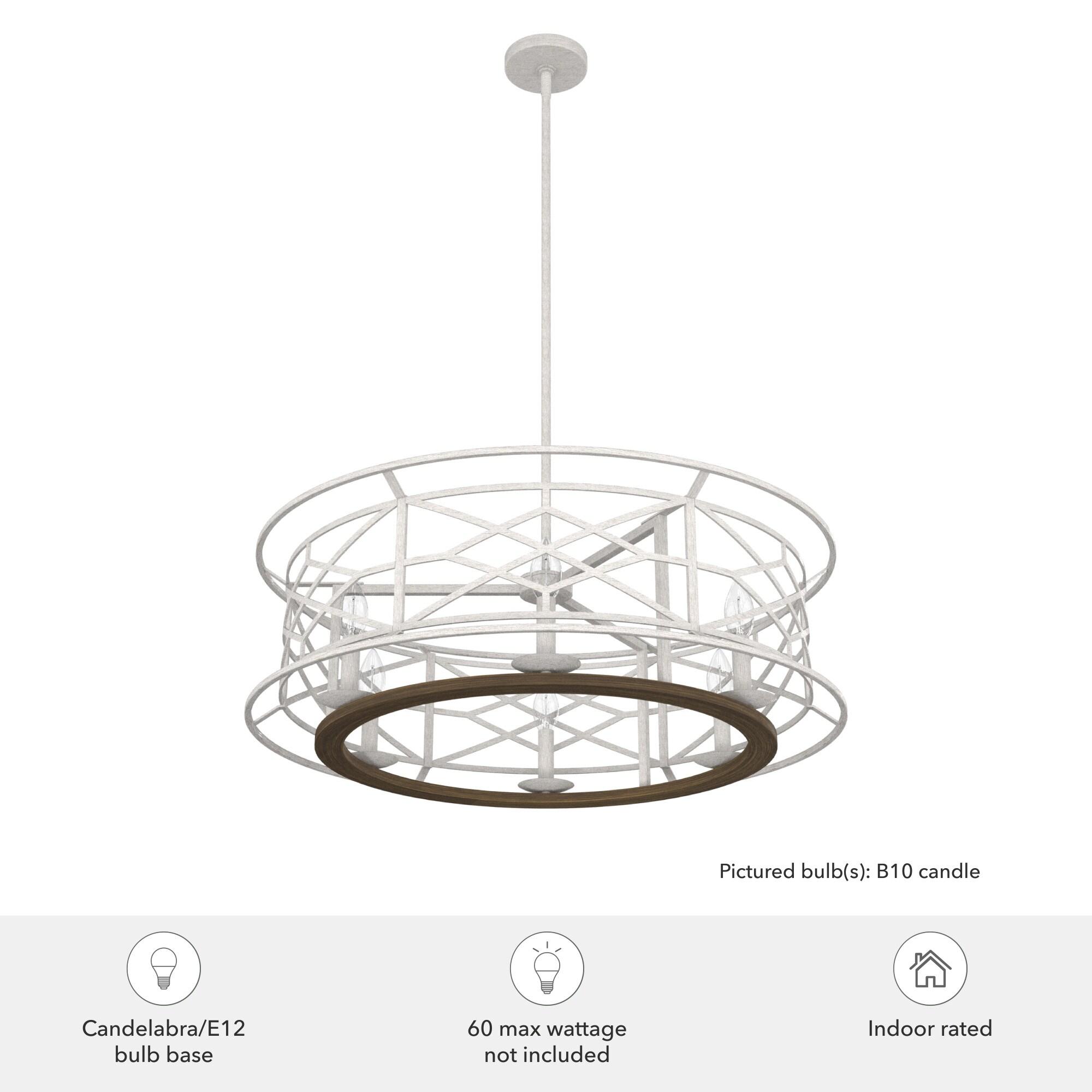 Hunter - Langwood 6-light Distressed White, Large Chandelier, Dimmable, Rustic Style, Drum Shaped, for Bedrooms, Kitchens, Dining, Living Rooms - 19330