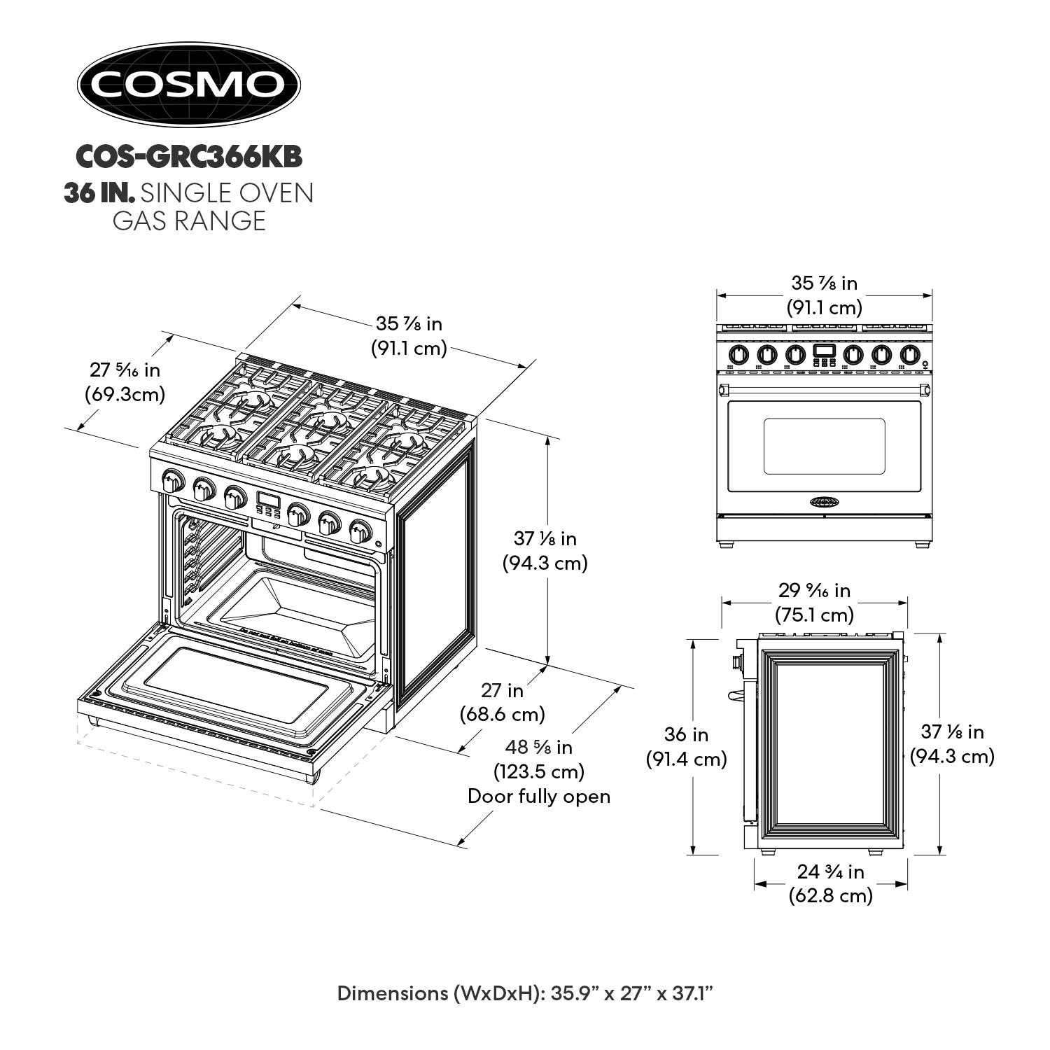 Cosmo 36 in. Lumin Collection 6.0 cu. ft. Gas Range with 6 Sealed Gas Burners and Convection Oven in Stainless Steel