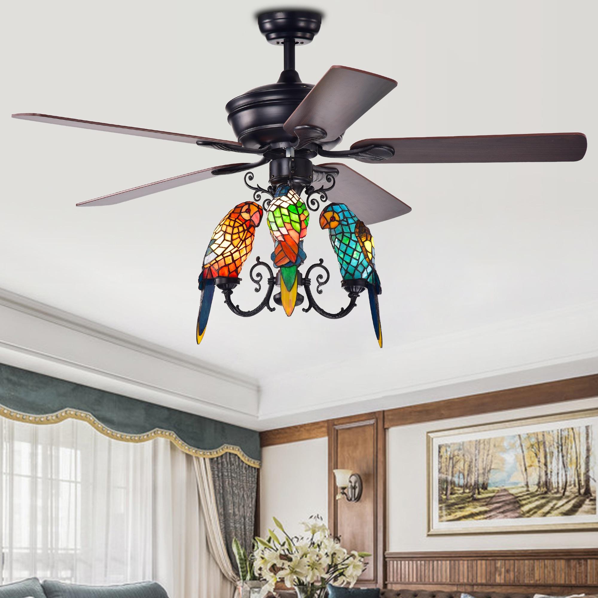 Korubo 3-light 52-inch Lighted Ceiling Fan Tiffany Style Parrot Shades (remote controlled)