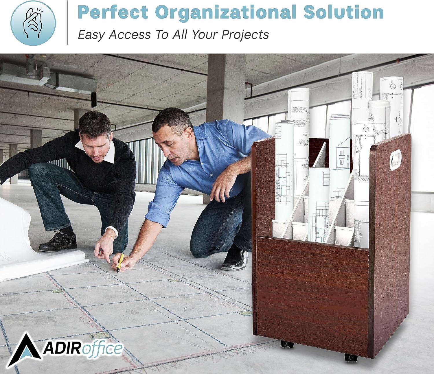 AdirOffice 20-Slot Mobile Rolling Wood Blueprint Roll File Large Document Organizer