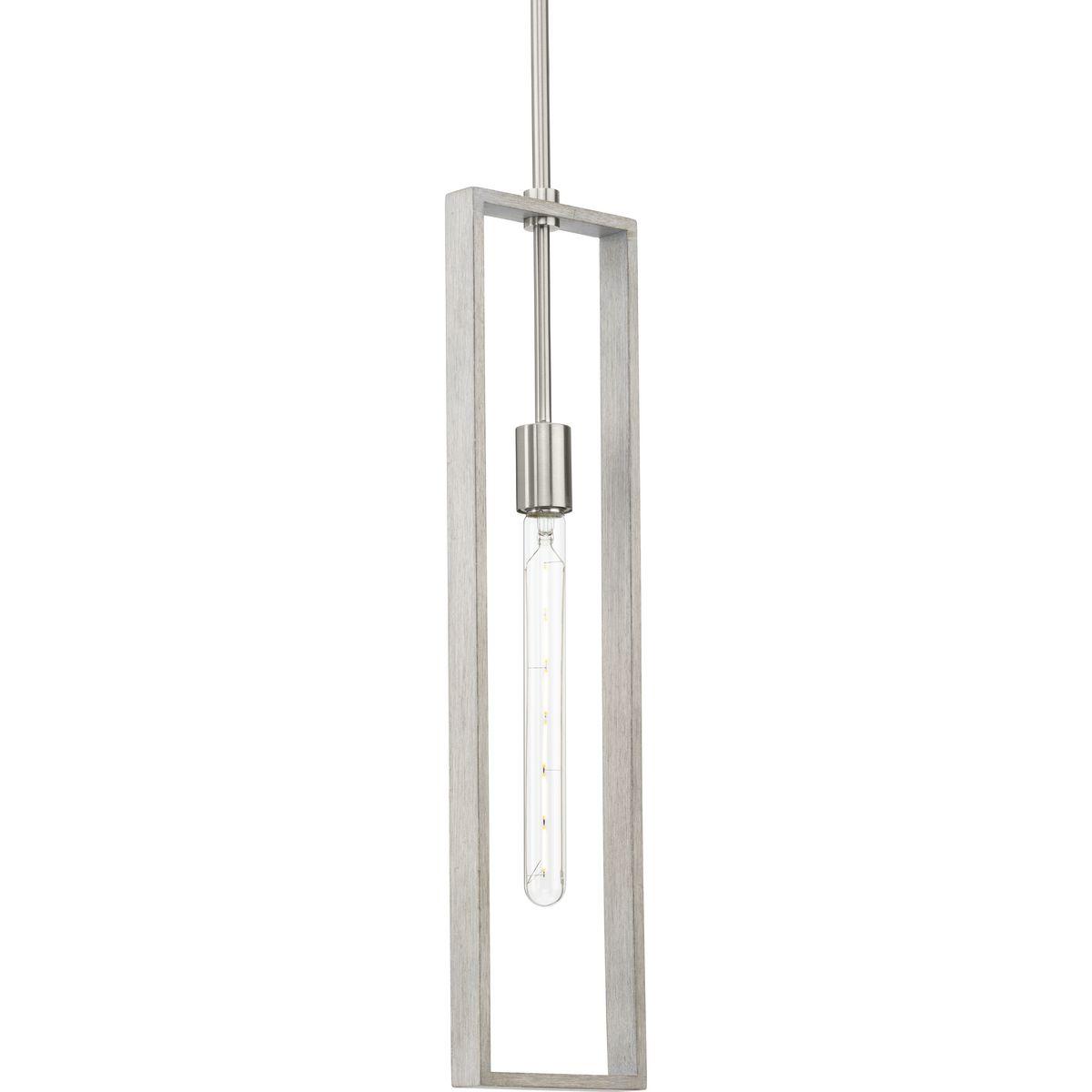 Progress Lighting Boundary 1-Light Hanging Pendant, Brushed Nickel, Grey Washed Oak, Open Frame, Design Series