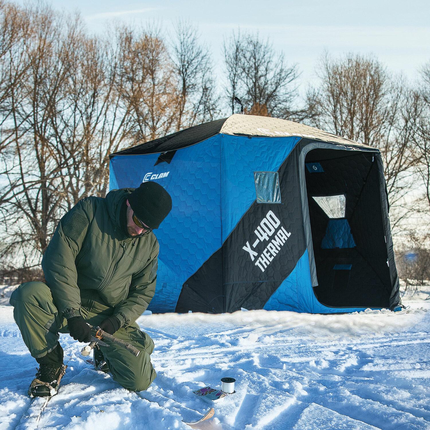 CLAM 17479 X-400 Portable 3 to 4 Person 8-Foot Pop-Up Ice Fishing Angler Thermal Hub Shelter Tent with Anchor Straps and Carrying Bag