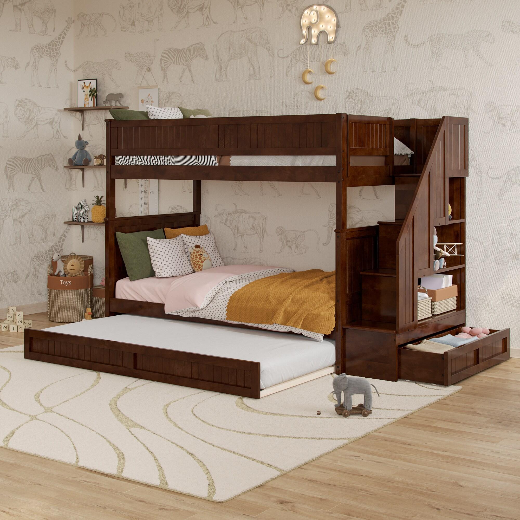 Walnut Twin Over Twin Bunk Bed with Storage Drawer and Trundle