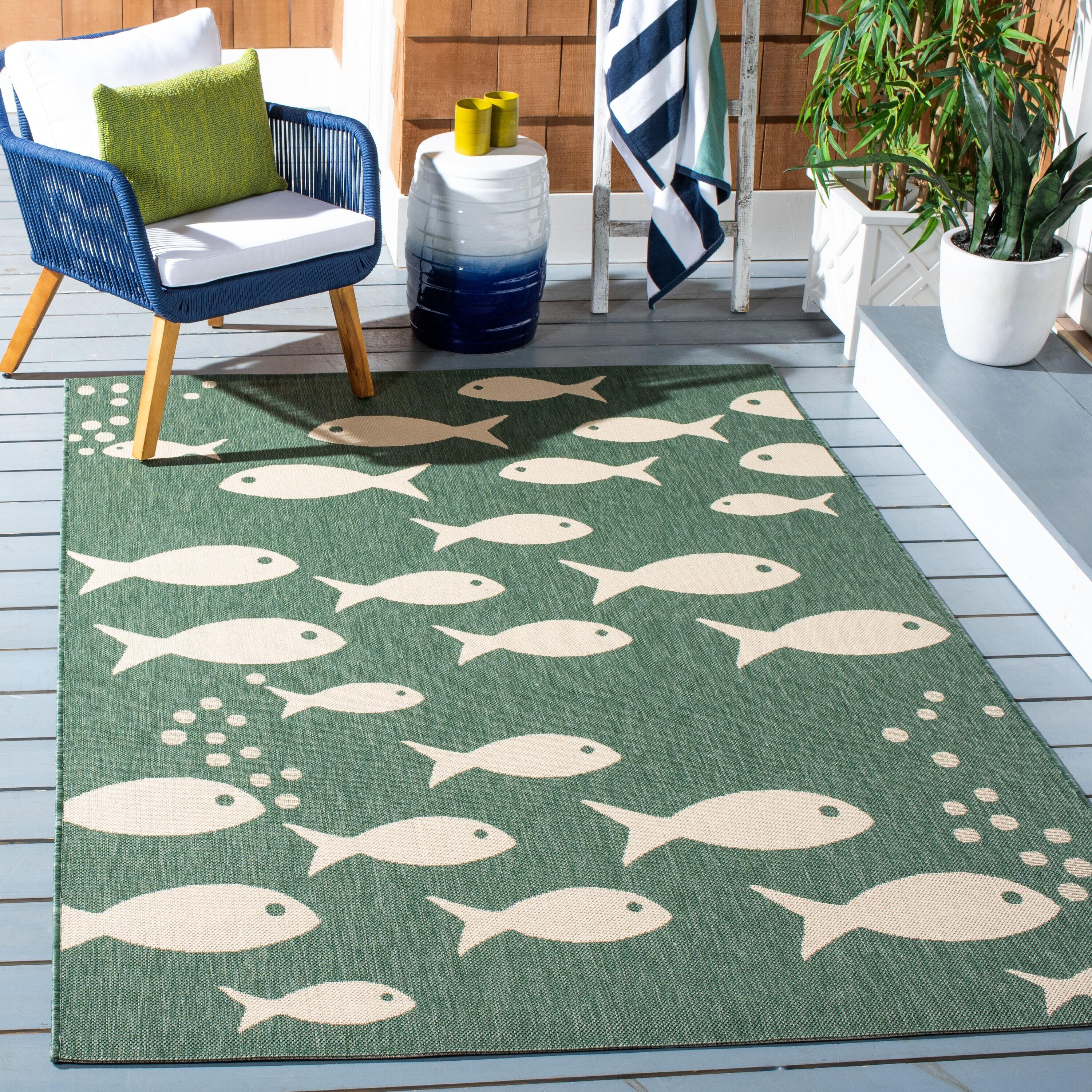 SAFAVIEH Courtyard Trena Fishes Indoor/Outdoor Area Rug, Dark Green/Ivory, 9' x 12'