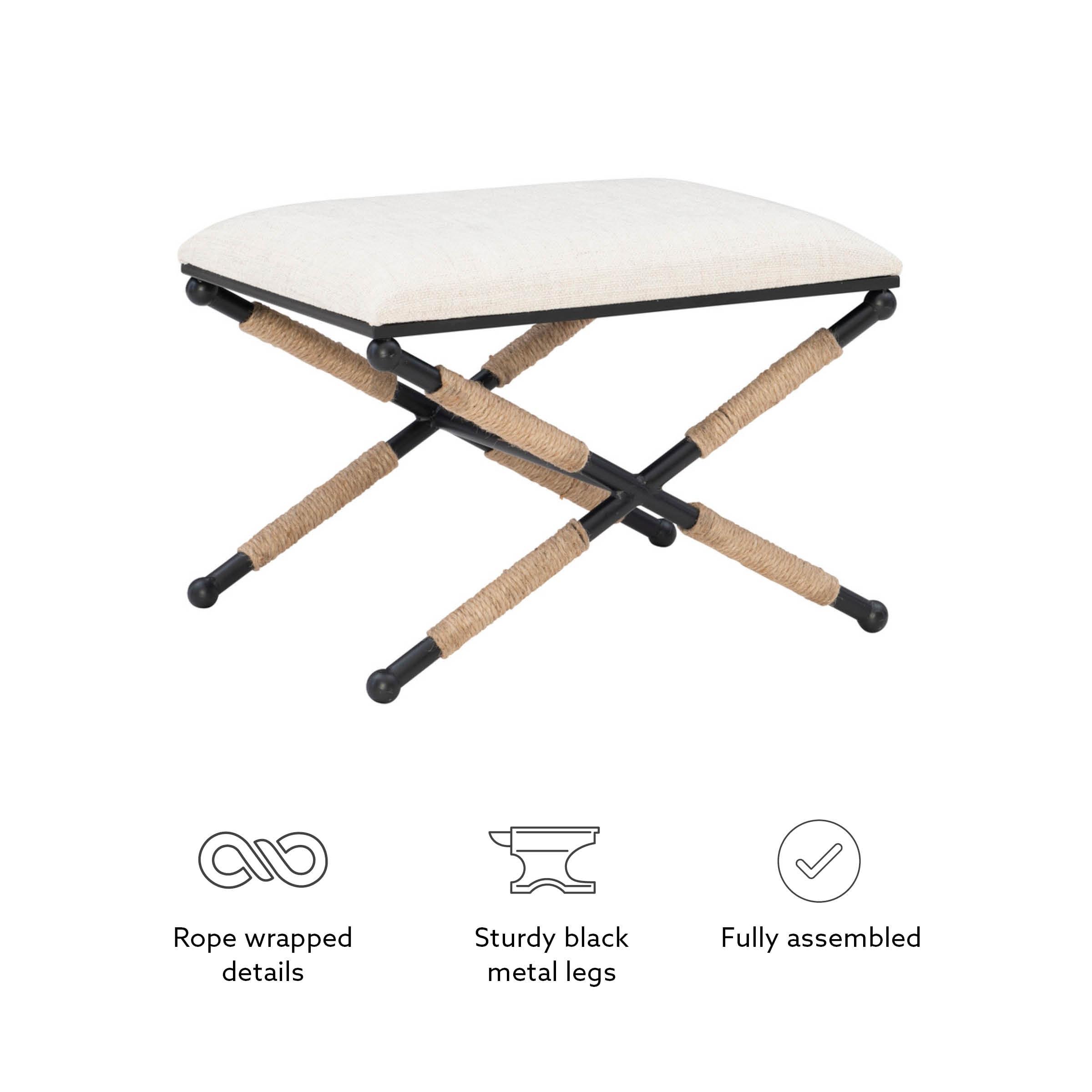 24" Ashburn Boho Rope Wrapped Campaign Accent Stool Ottoman Buff Beige Linen - Linon: Vanity, Bedroom Bench