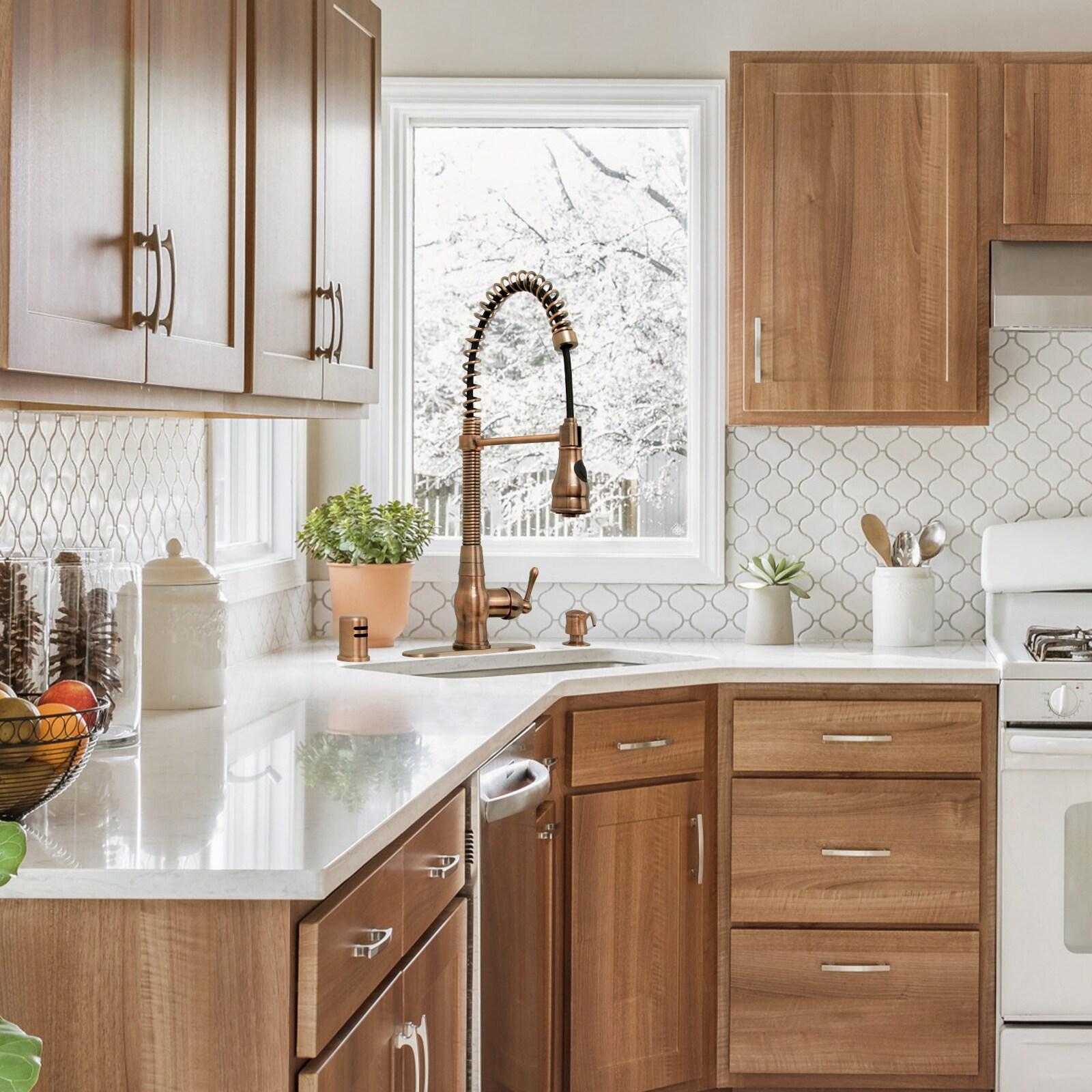 Akicon Pre-Rinse Spring Kitchen Faucet, Single Level with Pull Down Sprayer Copper Copper Finish