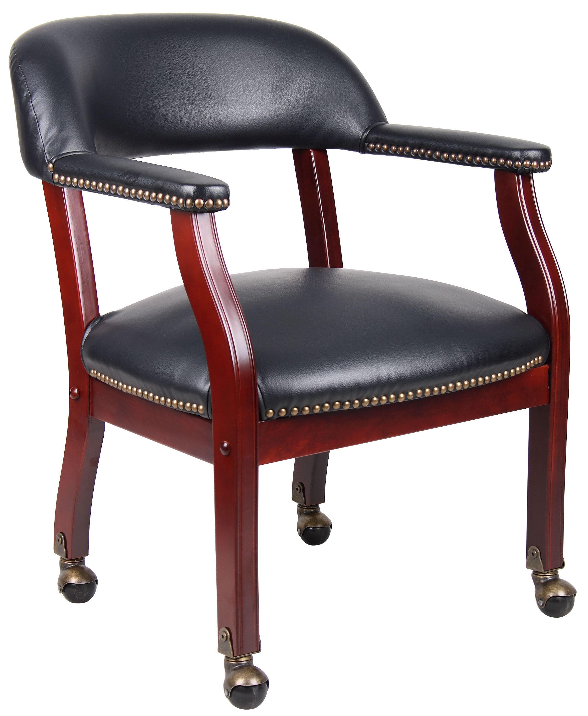 Captain's Chair with Casters Black - Boss Office Products: Mahogany Base, Vinyl Upholstery, Brass Castors