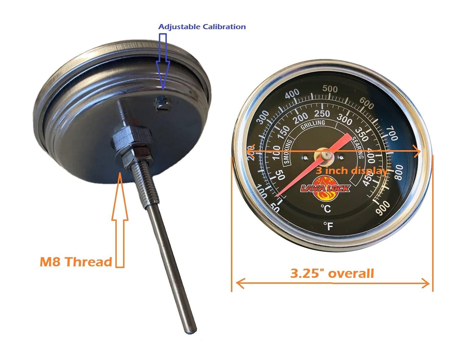 LavaLock BBQ Grill Thermometer 50F-900F High Temp Range Heavy Duty Smoker Thermo 3" Face with M8 Thread