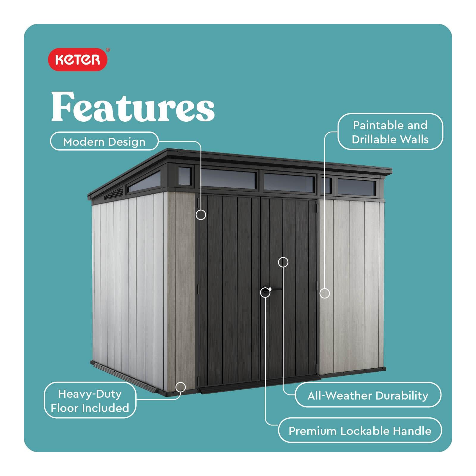 Keter Keter Artisan 9x7 ft. Modern Durable Resin Outdoor Storage Shed With Floor and Double Doors for Garden Patio Furniture and Tools, Grey