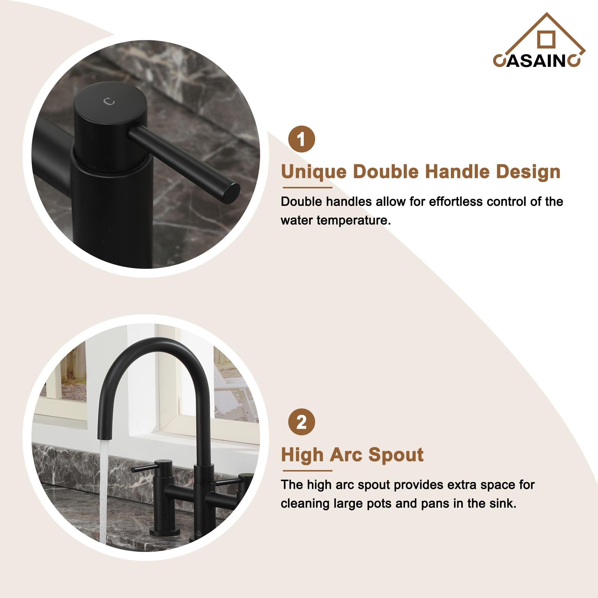 Double Handle 360° swivel Bridge Kitchen Faucet with side sprayer in Matte Black