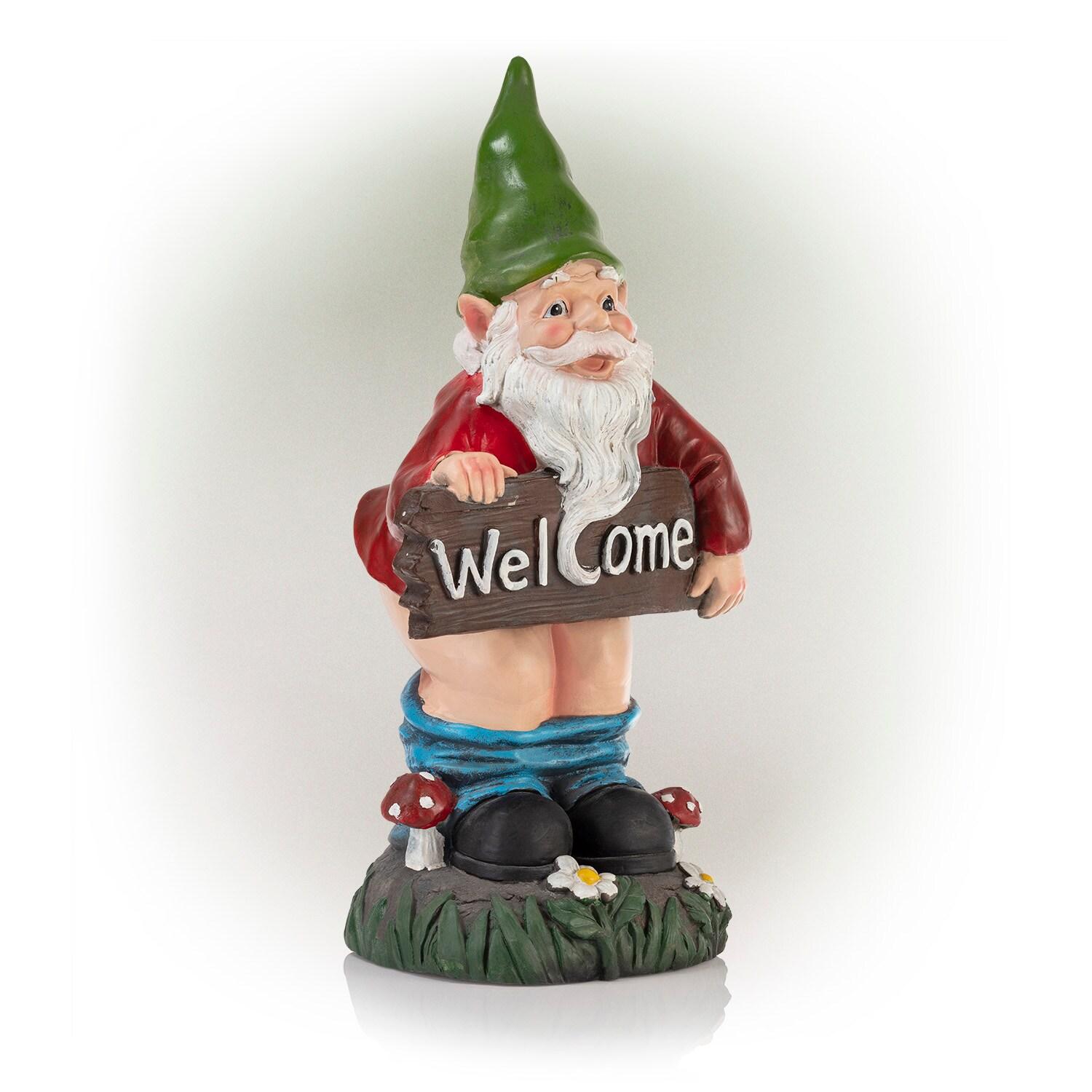 22"H Ceramic Outdoor Sculpture - Alpine Corporation: Garden Gnome with Welcome Sign, Mythical Decor