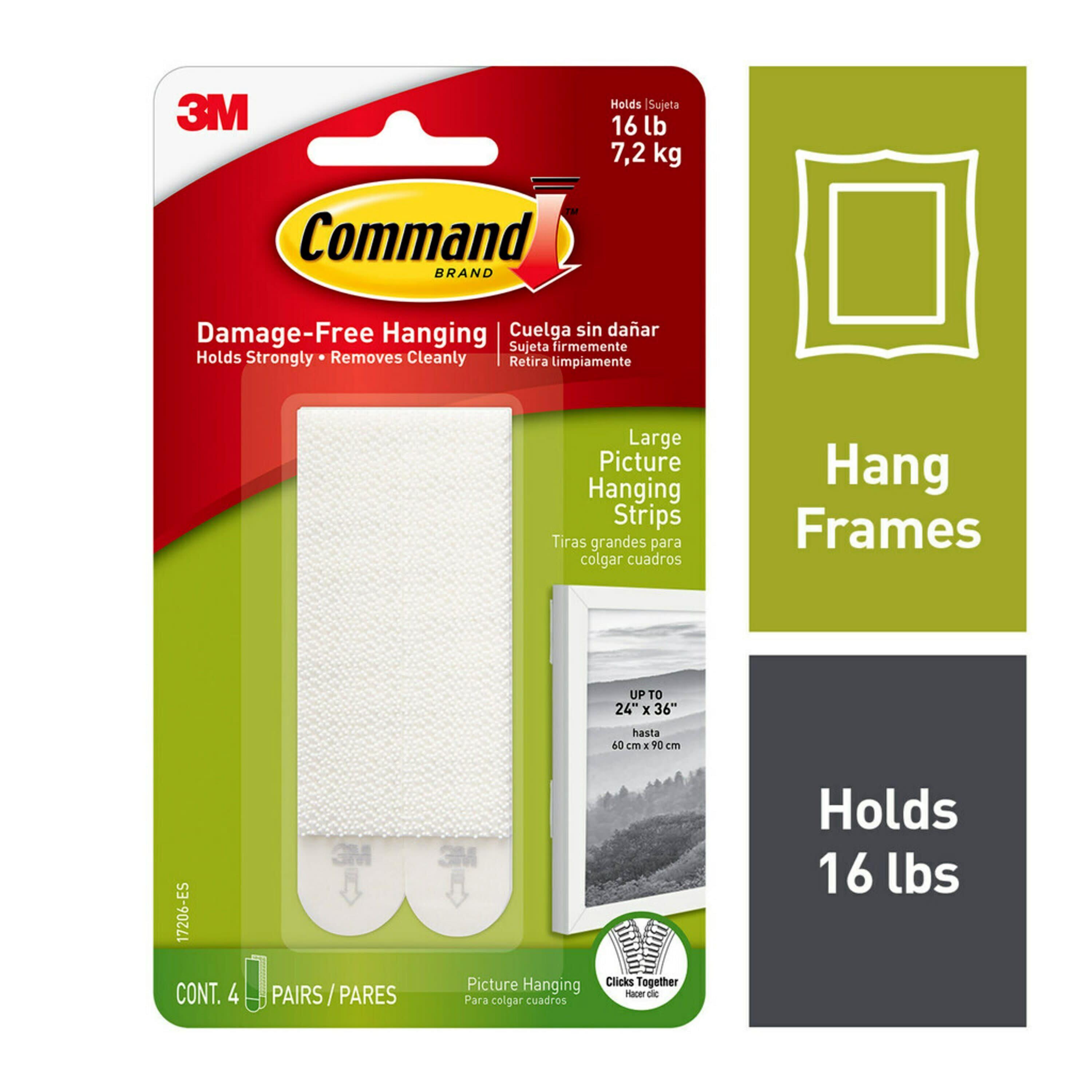 Command 4 Sets Large Sized Picture Hanging Strips White: Adhesive Strips for Art & Office, Plastic, No Choking Hazard