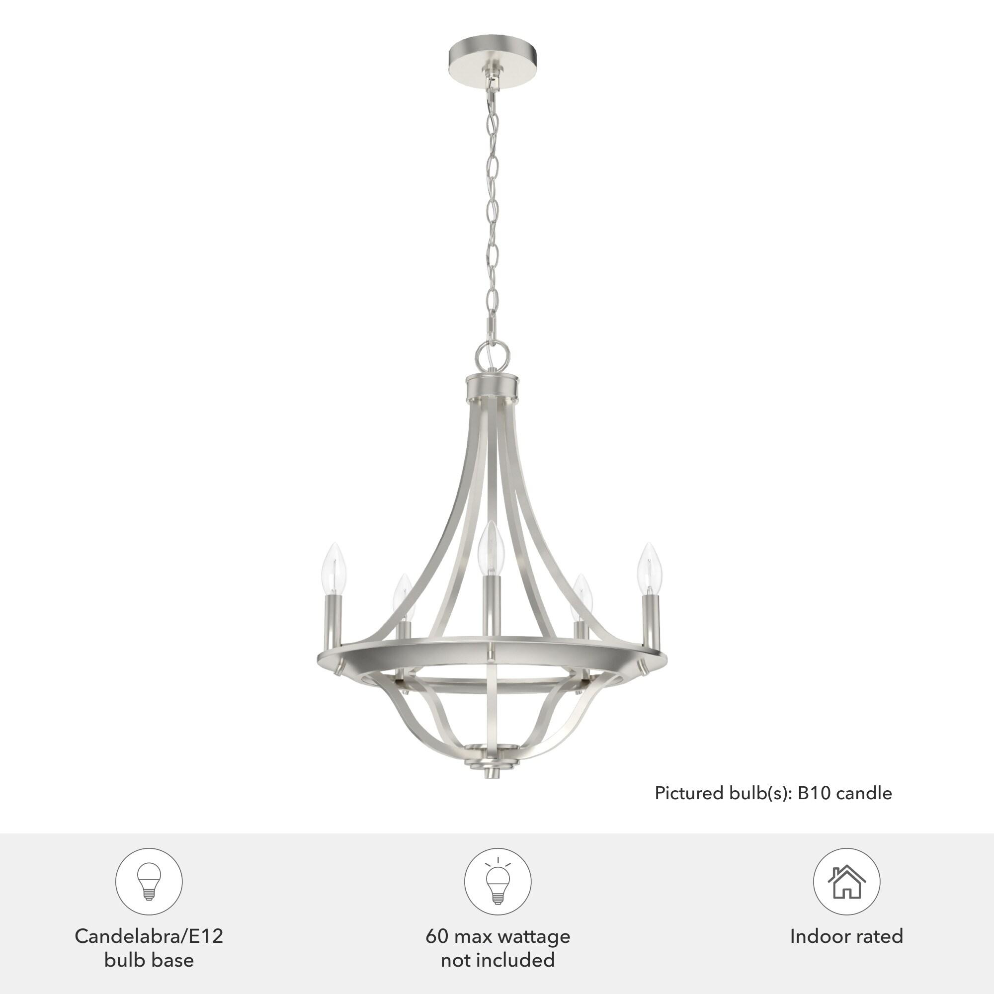 Hunter - Perch Point 5-light Brushed Nickel, Medium Size Chandelier, Dimmable, Casual Style, Empire Shaped, for Bedrooms, Kitchens, Dining, Living Rooms - 19425