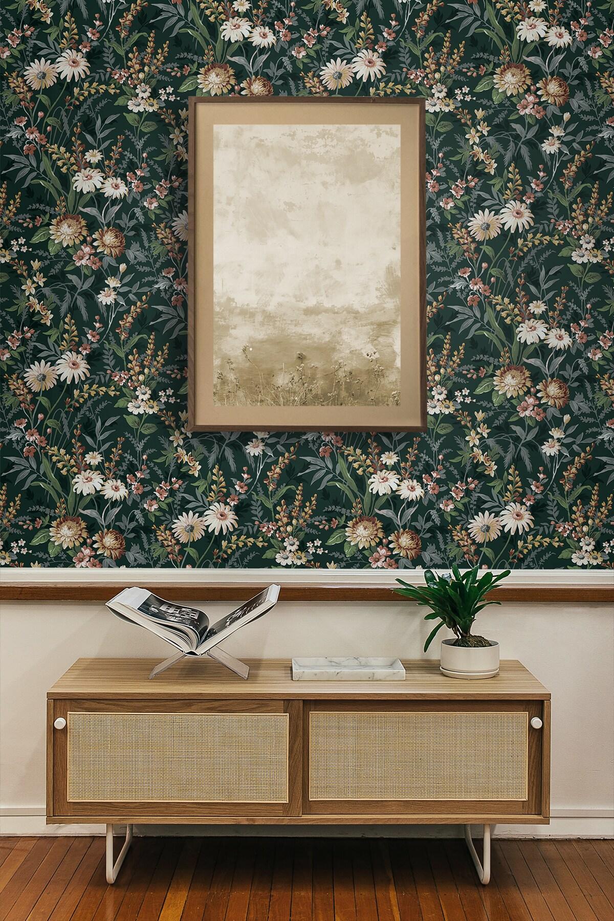 NextWall Vintage Floral Peel and Stick Wallpaper 20.5 in. W x 18 ft. L - Forest Green