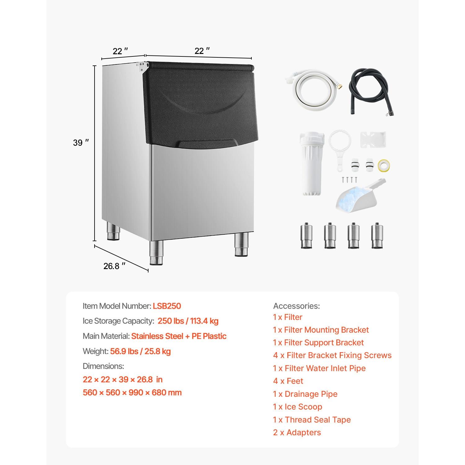 VEVOR Commercial Ice Maker Storage Bin, 250LBS Capacity Ice Bin, Stainless Steel Ice Storage Bin with Filter and Adjustable Anti-Slip Rubber Feet, Suitable for Restaurant Hotel and Beverage Shops