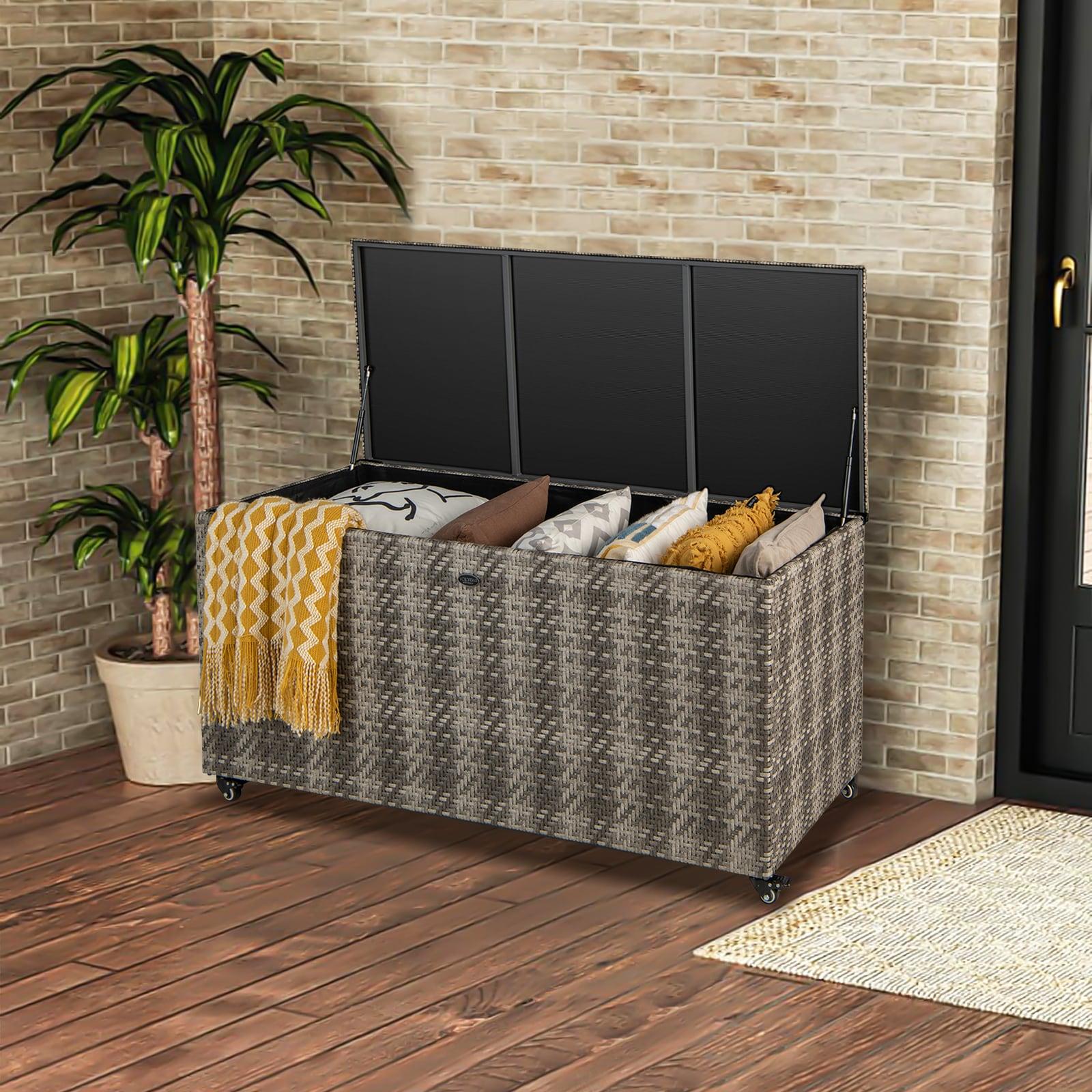 Costway 96 Gallon Patio Rattan Storage Deck Box Container Garden Liner Wheels Mix Grey