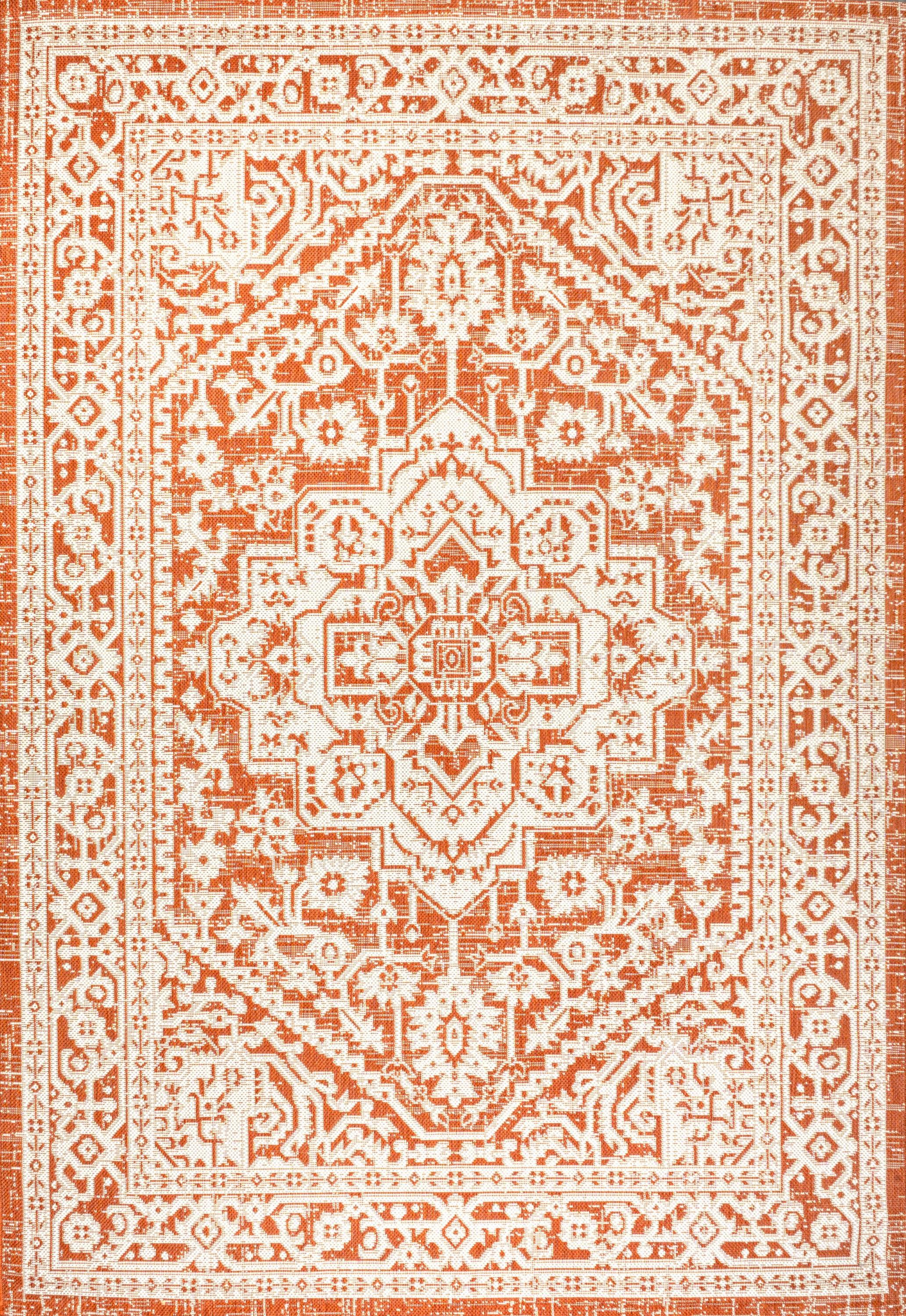 9' x 12' Sinjuri Medallion Textured Weave Indoor/Outdoor Area Rug, Orange/Cream - JONATHAN Y
