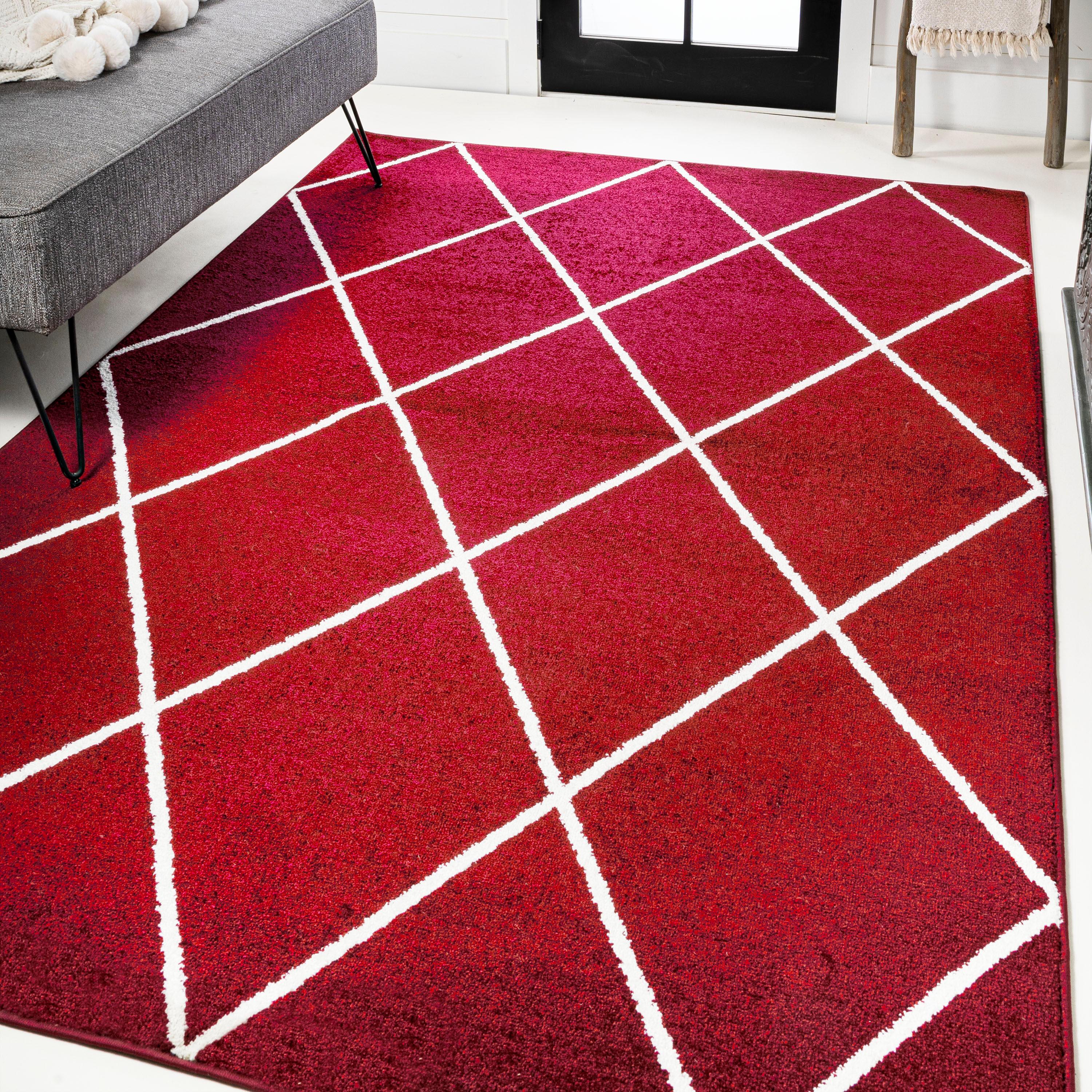 4'x6' Cole Minimalist Diamond Trellis Area Rug, Red/White - JONATHAN Y