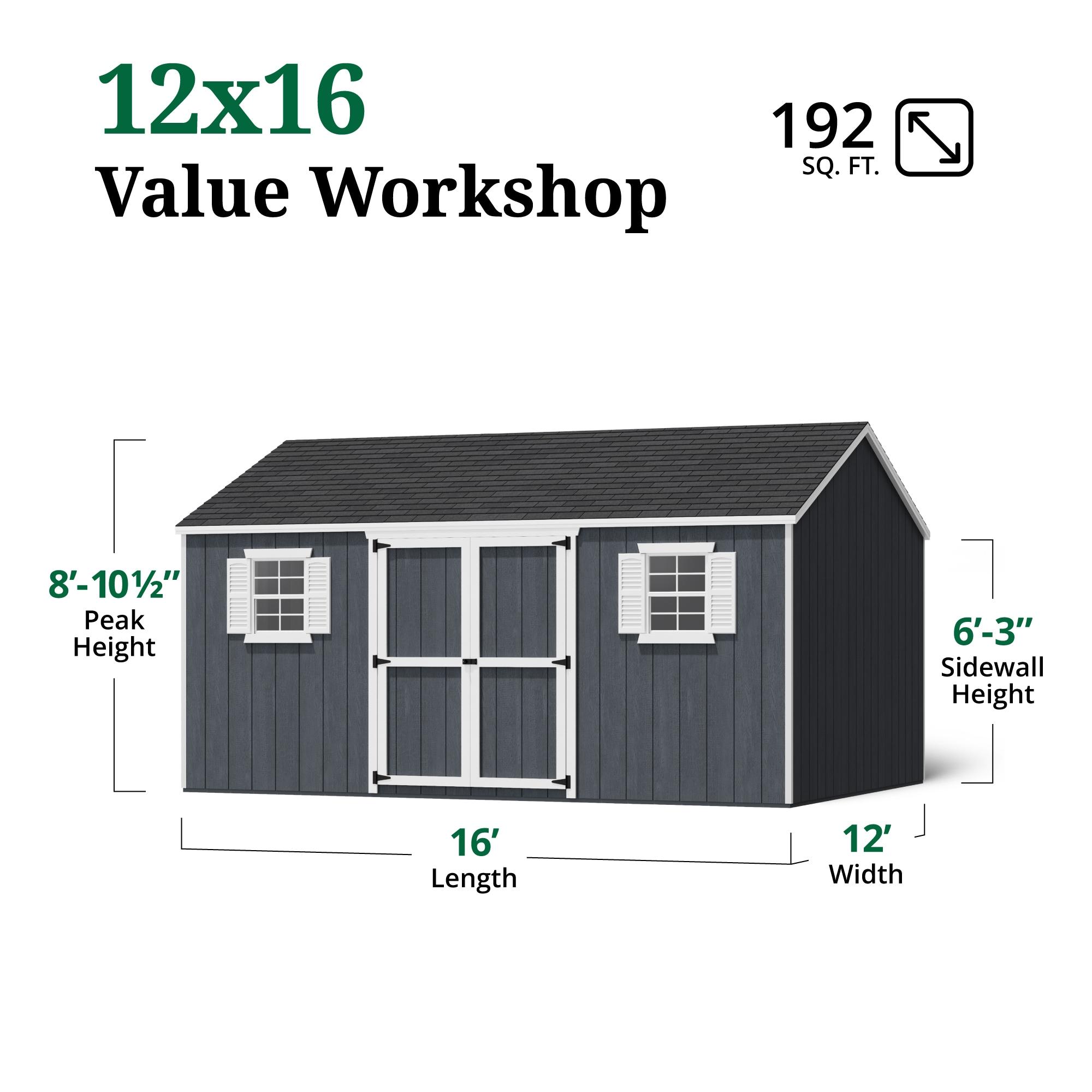 Little Cottage Co. 12x16 Value Workshop Shed with Operable Windows, Outdoor Wood Storage Do-It-Yourself Precut Kit